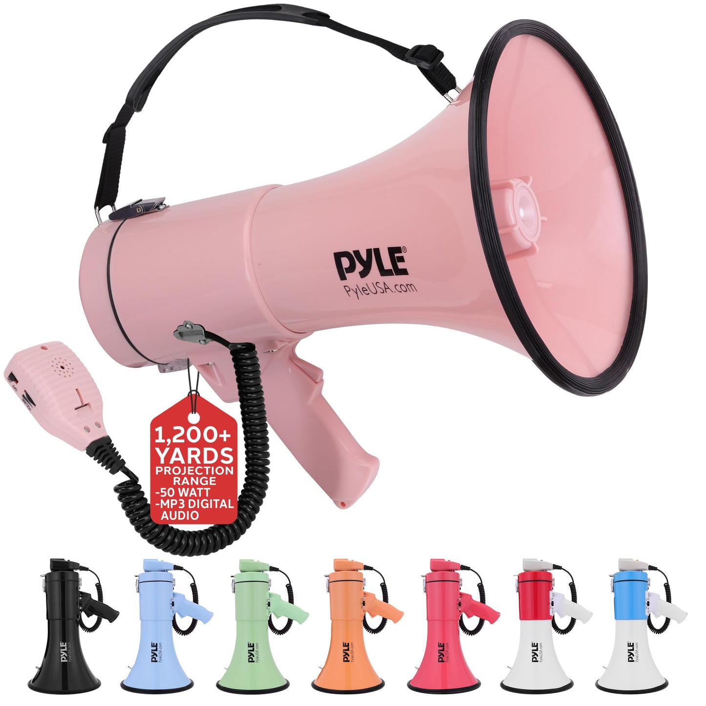 Pyle 50W Megaphone Bullhorn - Portable, Automatic Siren & Adjustable Volume,Projection Range Up to 1200 Square Yards, Aux Input, Talk, Siren, Music, Whistle, & Record, Shoulder Strap (Pink)