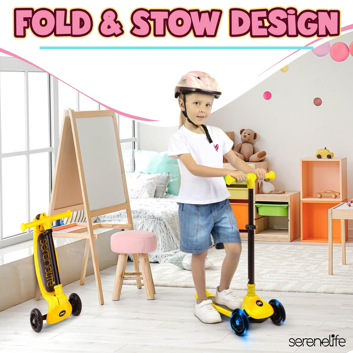 SereneLife 3-Wheel Foldable Kids Scooter – LED Wheel Lights, Adjustable Handlebar, Rear Foot Brake, Lean-to-Steer, Anti-Slip Deck – Ideal for Toddlers & Kids 3+, up to 110 lbs