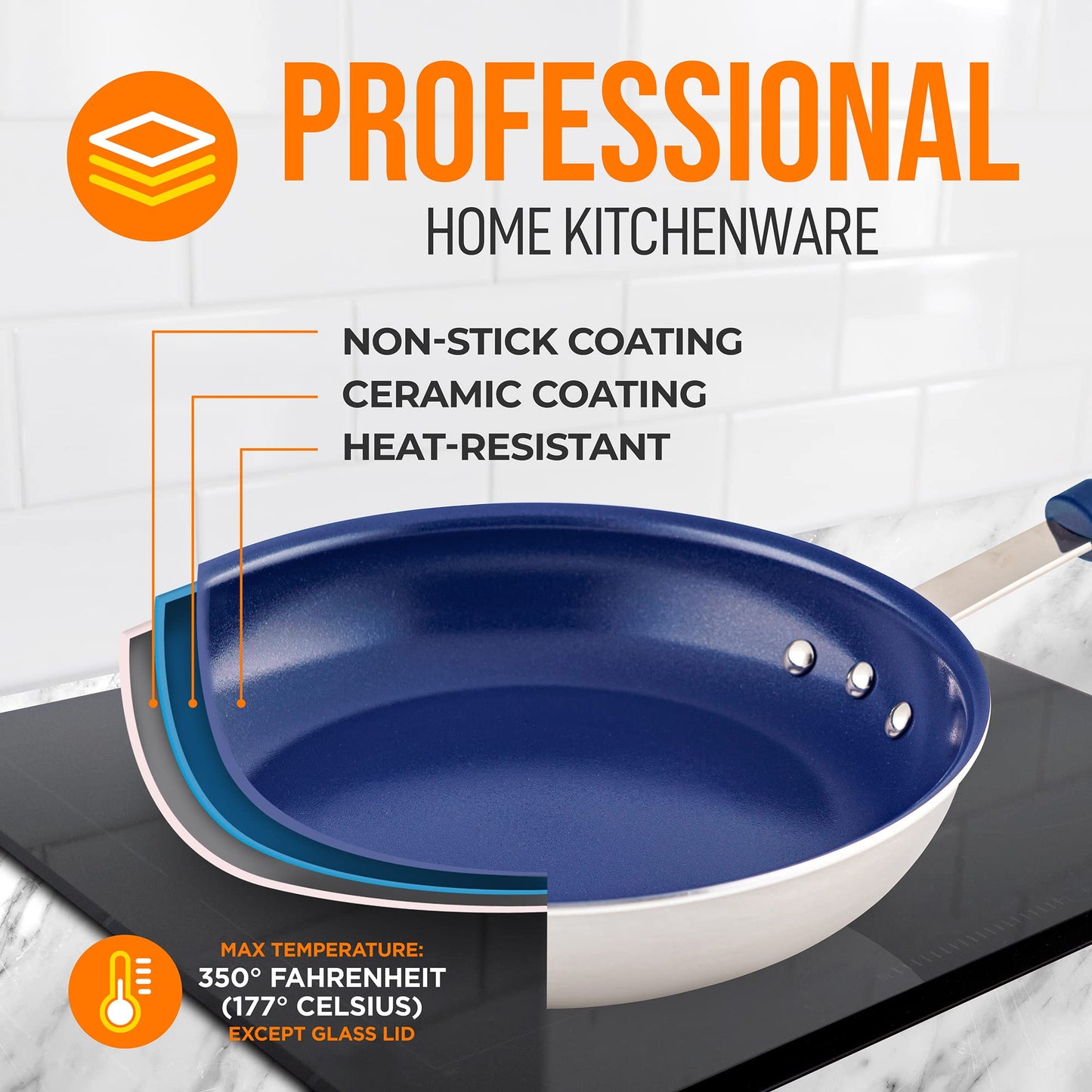 NutriChef f 12" Large Fry Pan - Large Skillet Nonstick Frying Pan with Silicone Handle, Ceramic Coating, Blue Silicone Handle, Stain-Resistant, And Easy To Clean, Professional Home Cookware