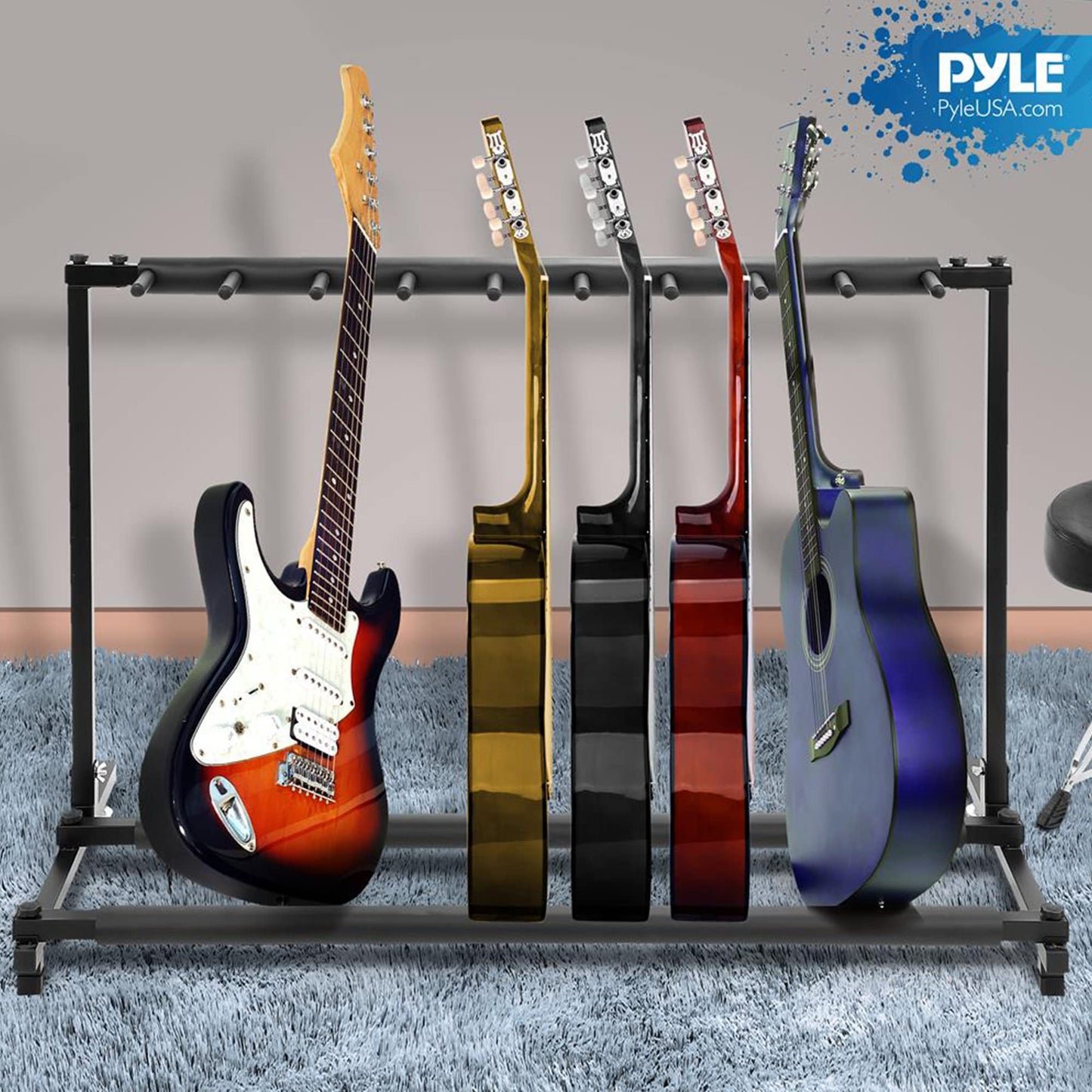 PYLE Guitar Rack – 9 Space Foldable Guitar Stand, Universal Portable & Collapsible Multi Guitar Holder, Easy Storage Guitar Support, Securely Holds Multiple Guitars- Acoustic, Electric, & Bass Guitars