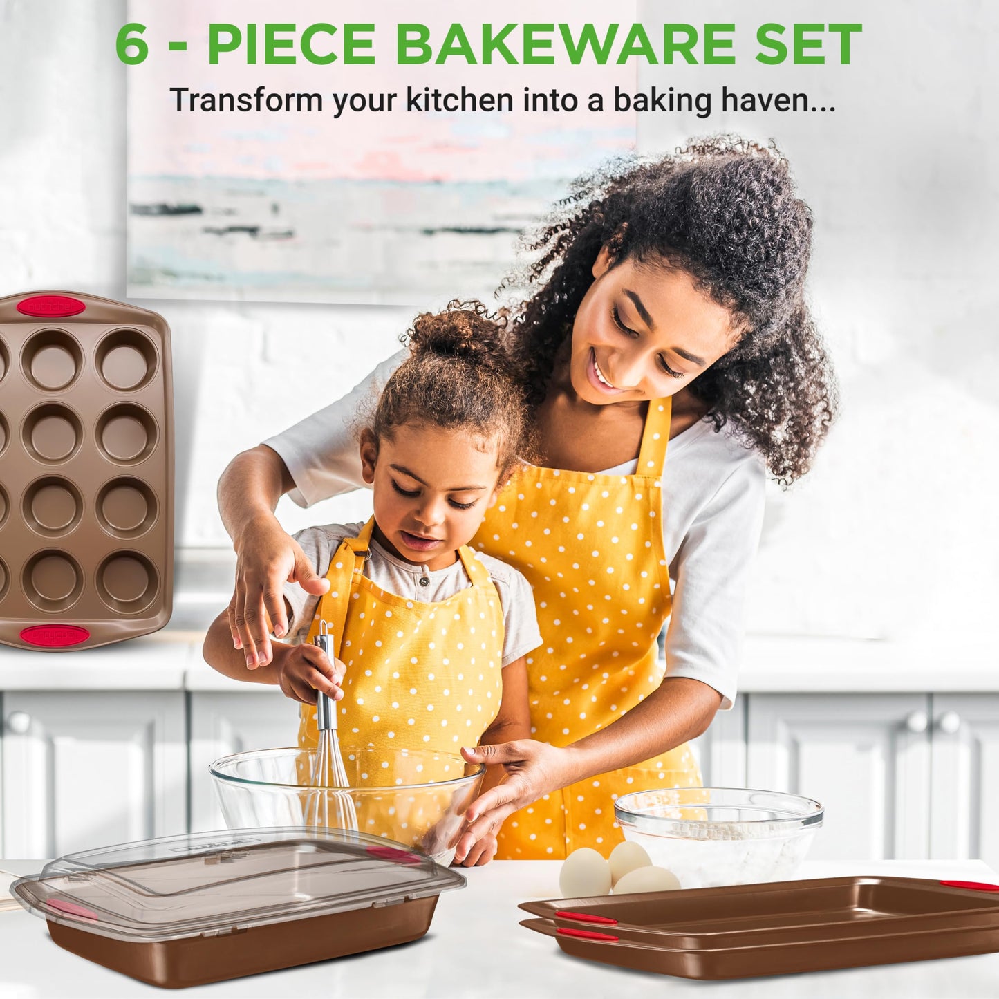 NutriChef 6-Piece Nonstick Baking Pan Set - Premium Steel Bakeware w/Silicone Handles - Includes 2 Baking Sheets, 12-Cup Muffin, Loaf, & Roaster Pan w/BPA-Free Lid - Easy to Clean, Gold