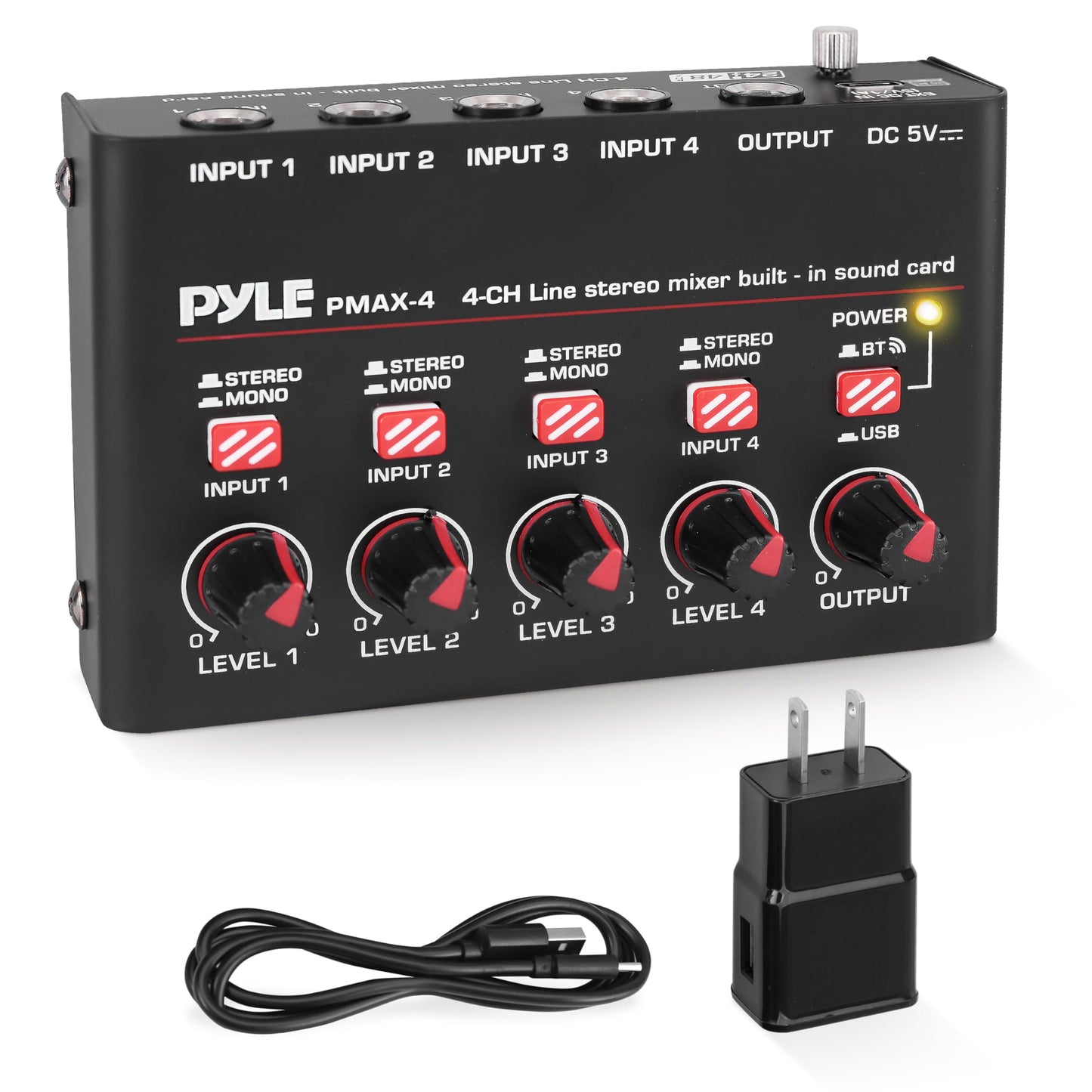 Pyle 4-Channel Wireless Bluetooth 5.0 Line Mixer - USB Audio Interface - 4 Mono/Stereo Inputs - Ultra-Low Noise - High Headroom - Built-in USB-C Sound Card - Compact Metal Chassis - PMAX4