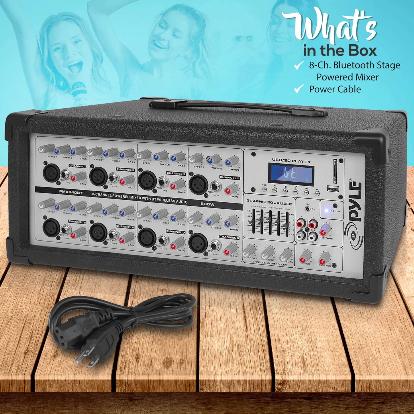 Pyle 800W Bluetooth Stage Powered Mixer - 8-Channel Pro Audio Sound System with MP3/USB/SD Readers - RCA/1/4” Effects Loop - Aux Input - Digital LCD Display - Built-in Cooling Fan - PMX840BT
