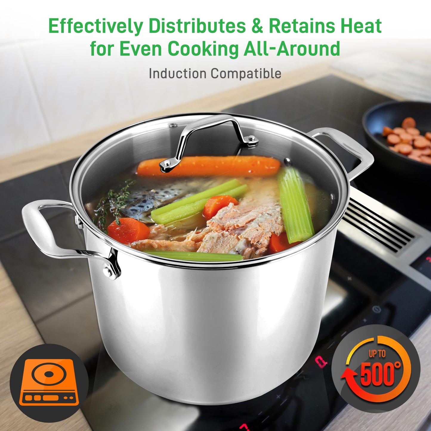 NutriChef 8-Quart Stainless Steel Stock Pot - 18/8 Food Grade Stainless Steel Heavy Duty Induction - Stock Pot, Stew Pot, Simmering Pot with See-Through Lid, Dishwasher Safe - NCSP8