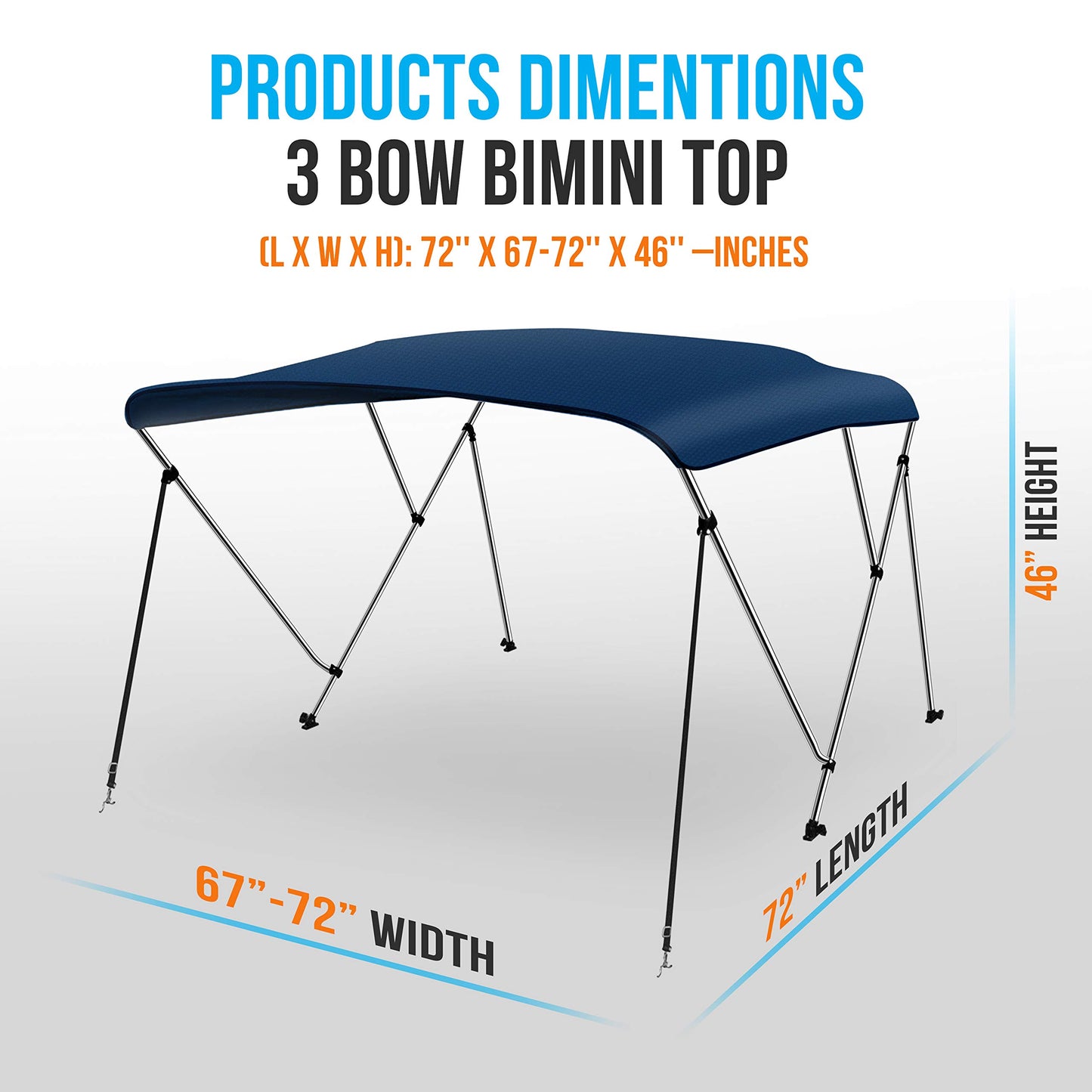 SereneLife Waterproof Boat Bimini Top Cover-67-72'W 3 Bow Bimini Top Canvas Sun Shade Boat Canopy 1' Double Wall Alu Frame Tube,2 Straps 2 Rear Support Poles,Storage Boot-SLBT3NAV672(Navy Blue)
