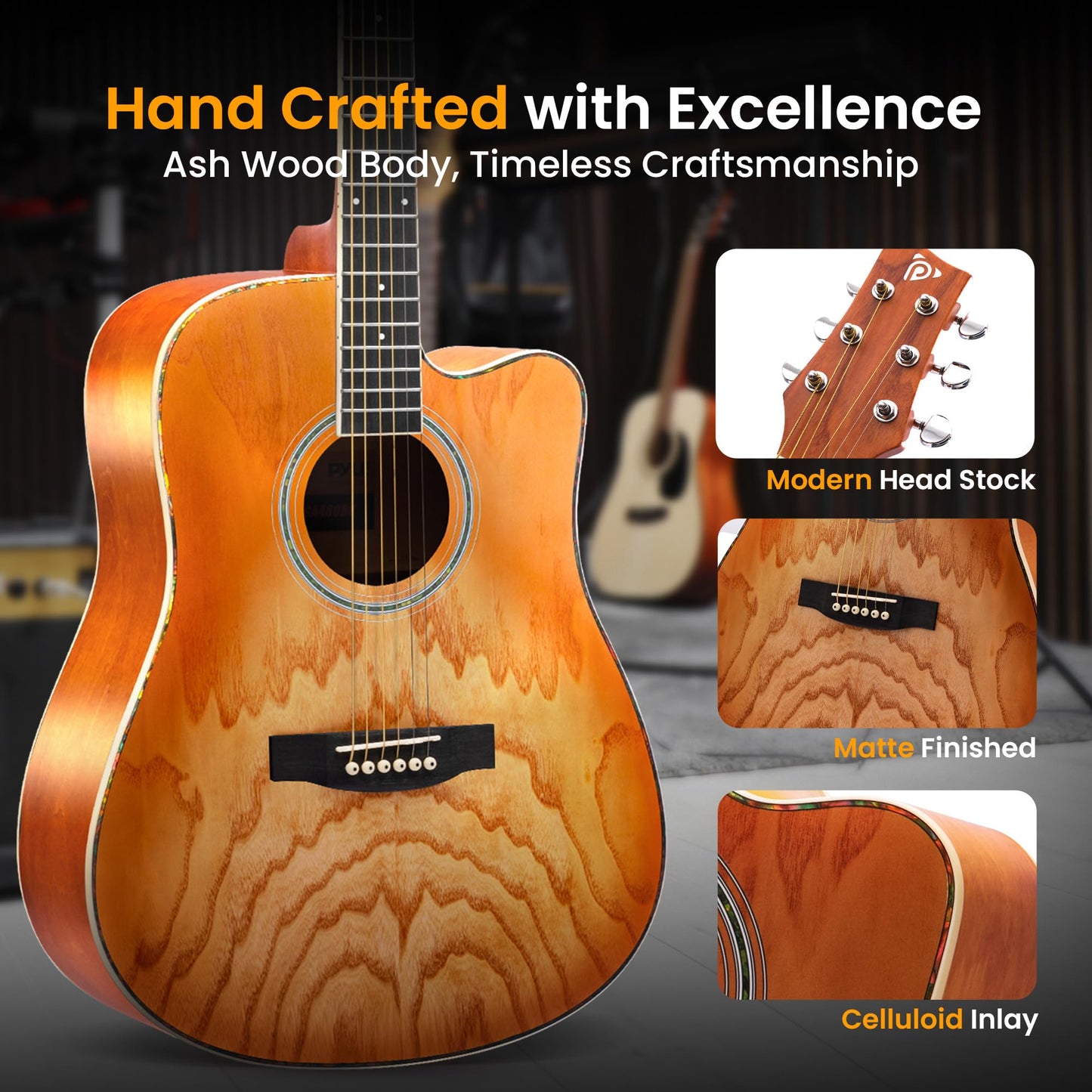 Pyle Steel String Acoustic Guitar Kit, 41" Full Size Cutaway with Ashtree Top, Open Pore Finish, Premium Accessory Set with Armored Gig Bag, Cherry Burst Matte
