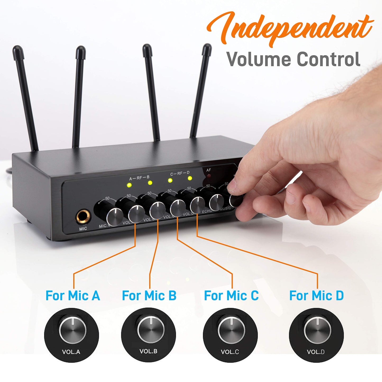 Pyle UHF Wireless Microphone System - PA Public Address Mic System with 4 Handheld Wireless Mics 50 Selectable UHF Channels, Bluetooth Music Streaming for Karaoke-Style Vocals, Battery-Operated