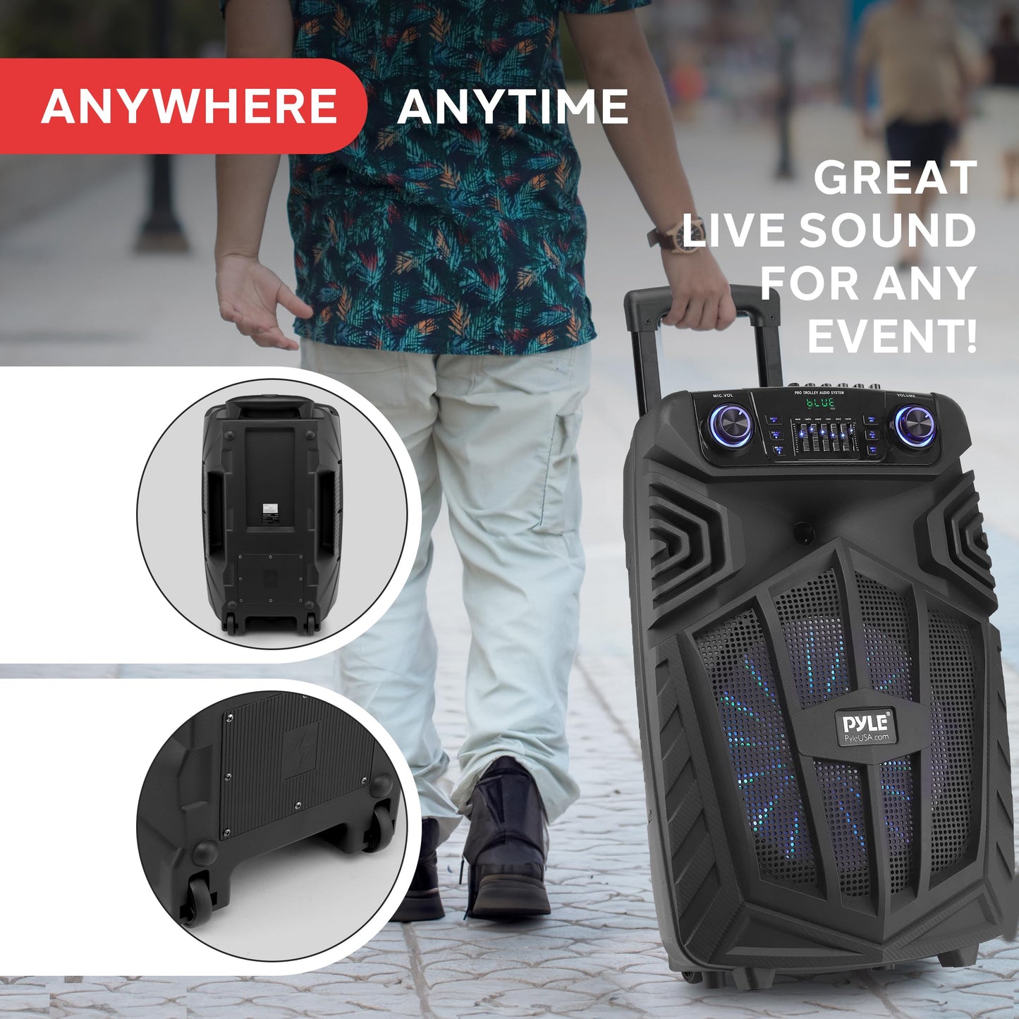 Pyle 1680W Portable Bluetooth PA Speaker - 15" Rechargeable Outdoor Karaoke Party Speaker, Audio System w/Wireless Mic and Wheels, TWS, Party Lights, LED Display, 6.5mm Mic Input, FM/AUX/MP3/USB/SD