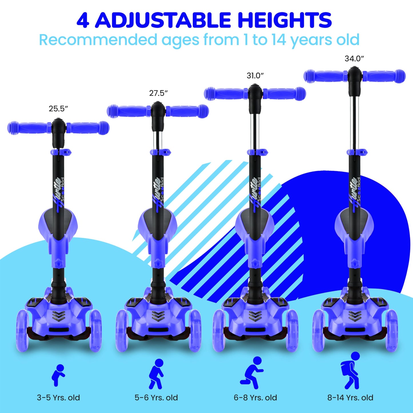 Hurtle 3-Wheeled Scooter for Kids - Wheel LED Lights, Adjustable Lean-to-Steer Handlebar, and Foldable Seat - Sit or Stand Ride with Brake for Boys and Girls Ages 1-14 Years Old - Blue