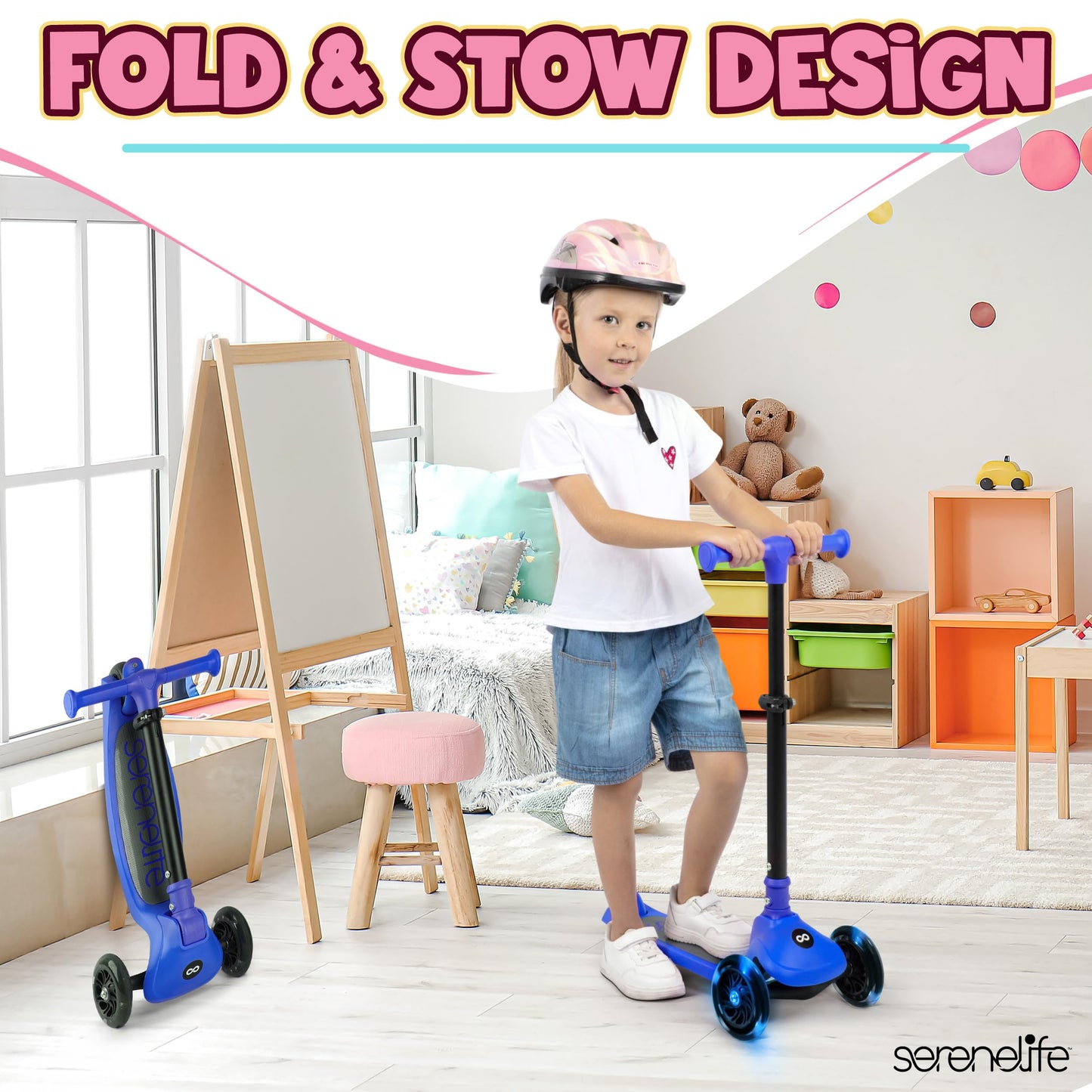 SereneLife 3-Wheel Foldable Kids Scooter – LED Wheel Lights, Adjustable Handlebar, Rear Foot Brake, Lean-to-Steer, Anti-Slip Deck – Ideal for Toddlers & Kids 3+, up to 110 lbs