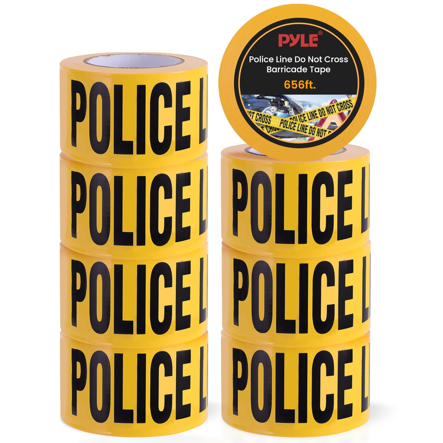 pyle 8 Pieces Safety Police Line Do Not Cross Barricade Tape Set - 656 Foot Long Tape Roll Suitable for a Wide Range of Applications, Including Roadworks, Events, and Hazardous Areas