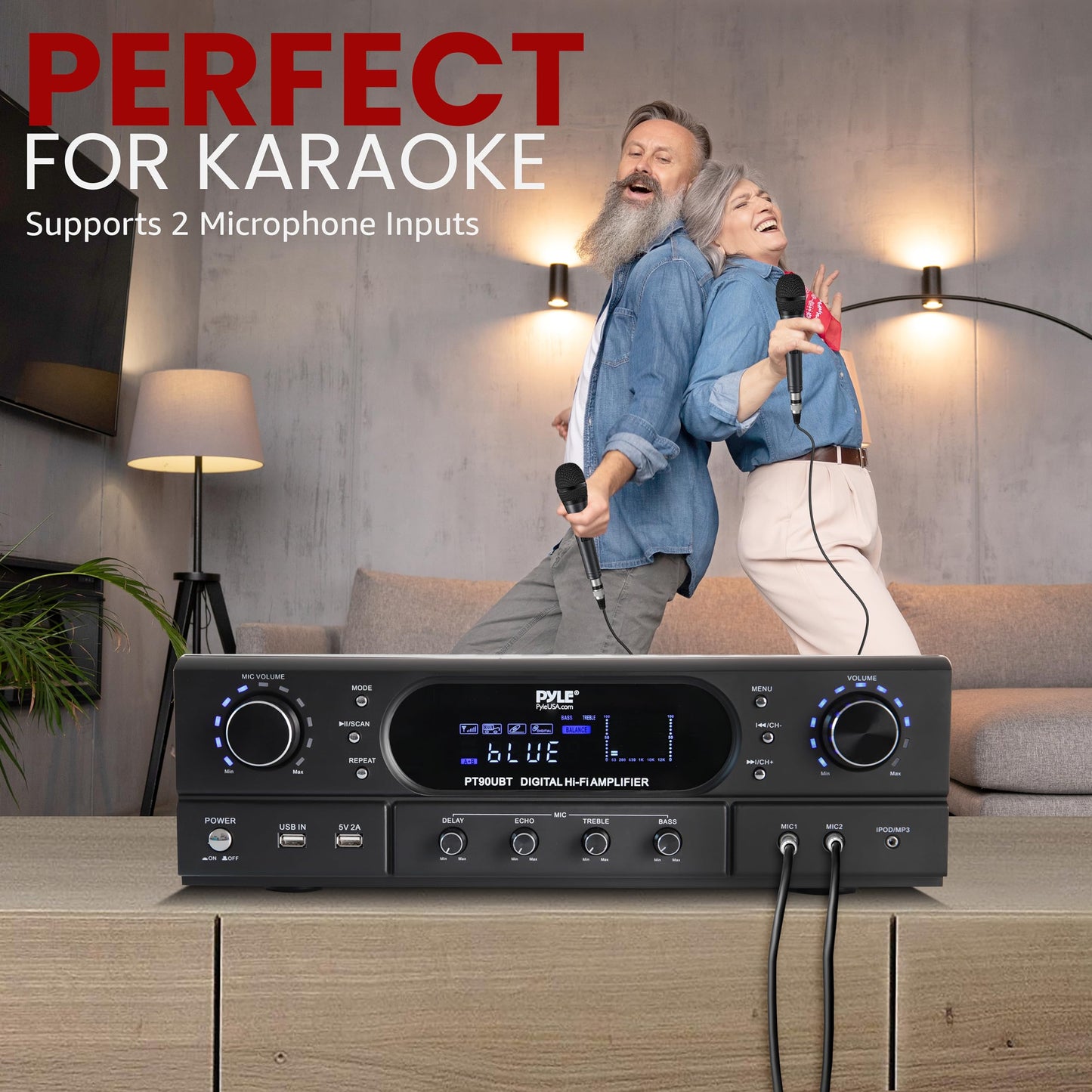 Pyle 500W 2-Channel Home Theater Amplifier Receiver - Bluetooth 5.3 - Wireless - MP3/USB/FM - 2 Mic Inputs with Echo/ Bass/ Treble Controls - RCA In/Out - for Streaming & Karaoke - PT90UBT