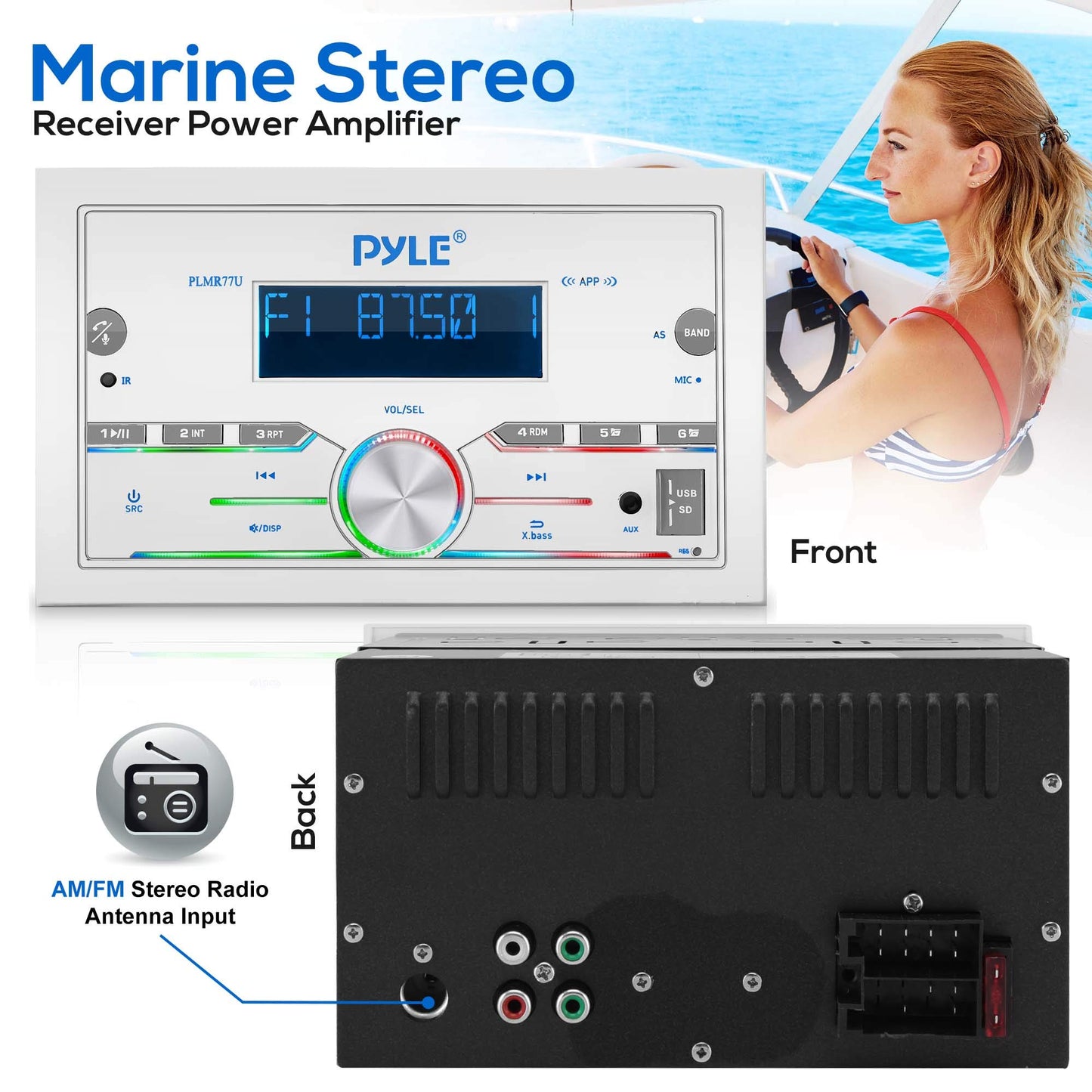 Pyle Marine Stereo, Bluetooth, USB/SD, 300W Double DIN Boat Radio Receiver, LCD Display, Hands-Free Calling, AUX, MP3, AM/FM Radio, Remote Control, PLMR77U, White, Built-in Microphone, 4x75W