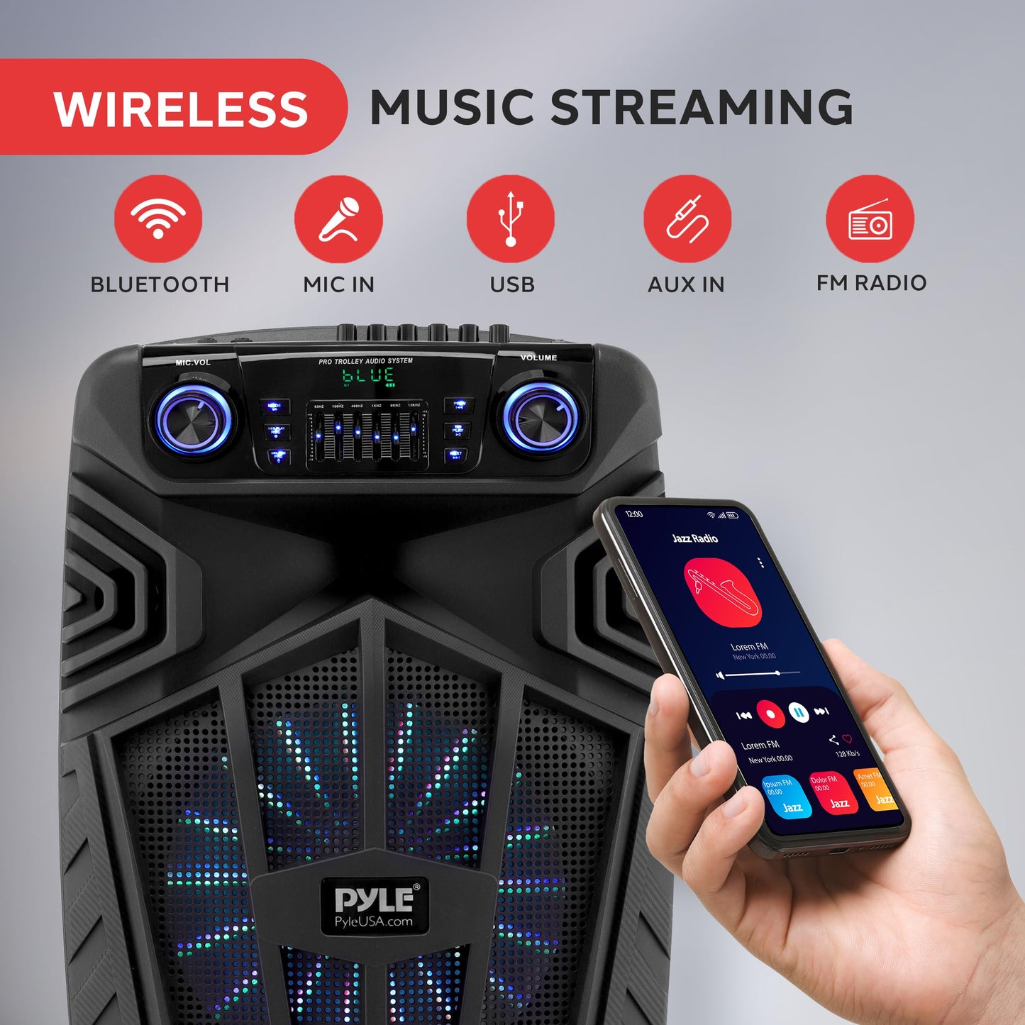 Pyle 1680W Portable Bluetooth PA Speaker - 15" Rechargeable Outdoor Karaoke Party Speaker, Audio System w/Wireless Mic and Wheels, TWS, Party Lights, LED Display, 6.5mm Mic Input, FM/AUX/MP3/USB/SD