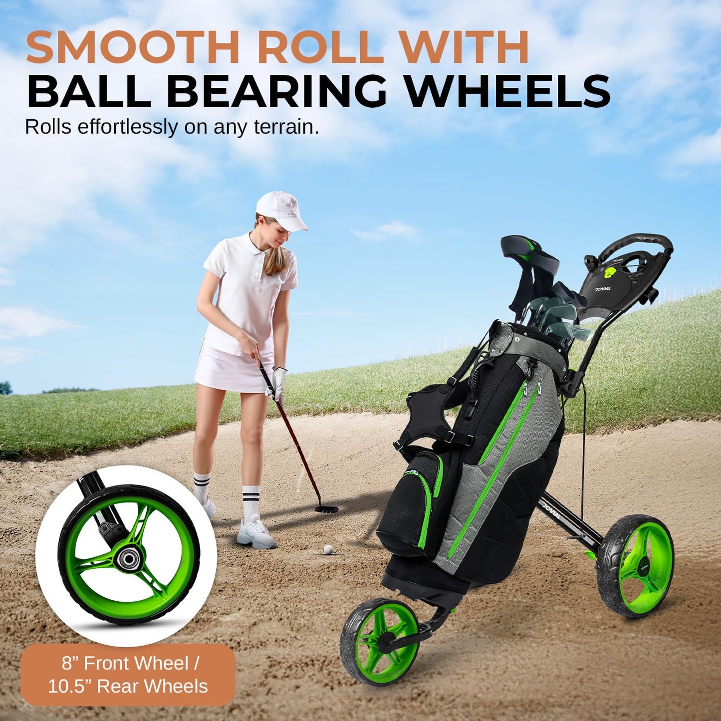 JOVIAL 3 Wheel Golf Push Pull Cart - Lightweight, Foldable, Collapsible, Caddy Accessories, Golf Bag Storage with Deluxe Scorecard Holder, Adjustable Handle, Aluminium Frame, Compact Design for Travel