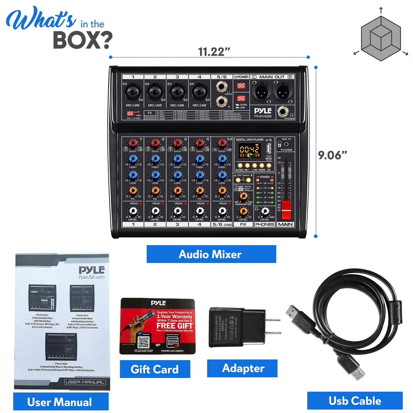 Pyle Professional Bluetooth DJ Audio Mixer - 6-Channel DJ Controller Sound Mixer w/DSP 16 Preset Effects, USB Interface, 4 XLR Mic/Line Input, AUX, FX Processor MP3 Player, Headphone Jack - PMX466