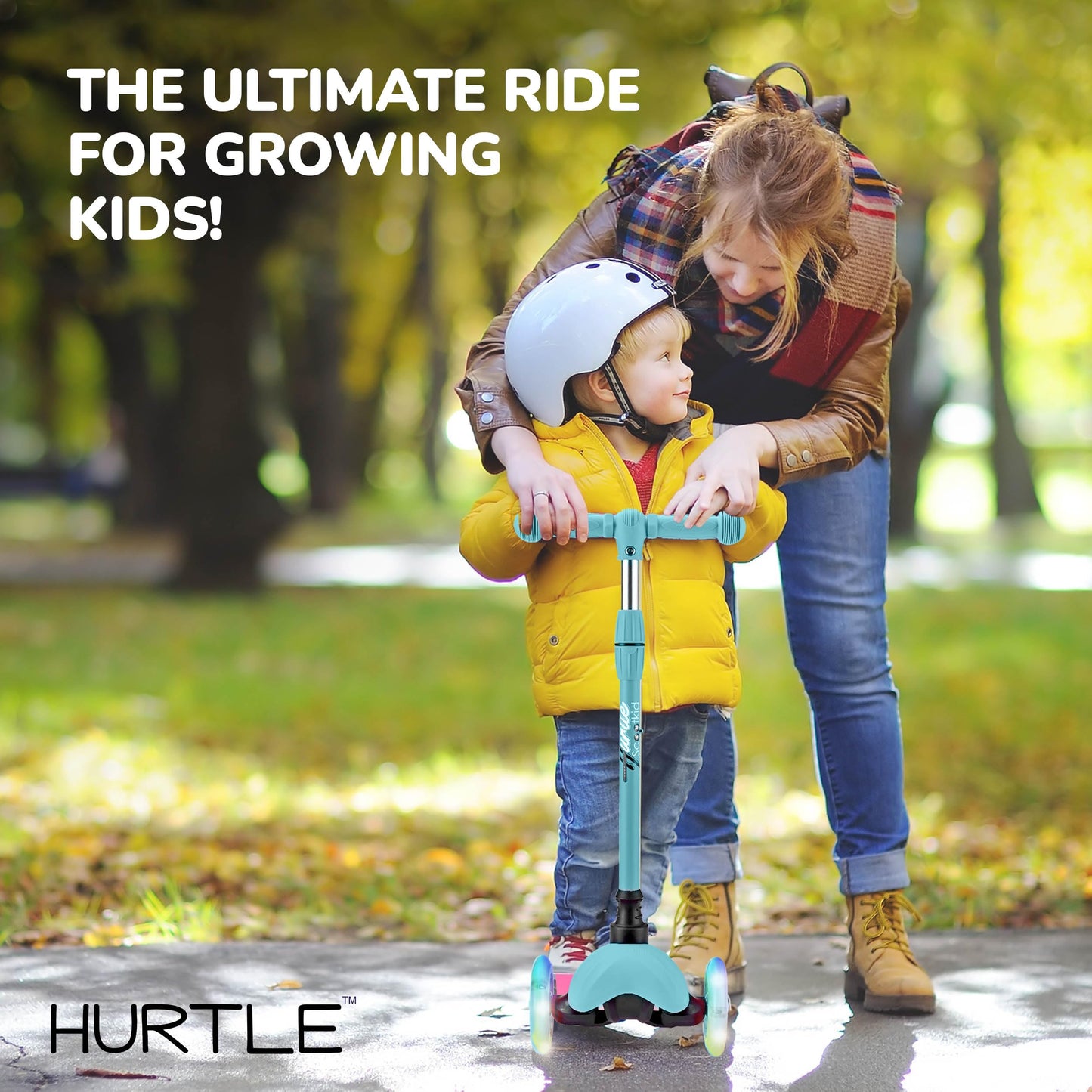 Hurtle Mini Kickboard Scooter for Kids - Height Adjustable 25''-28'', Lightweight 3-Wheel with LED Light-up Wheels, Anti-Slip,Indoor/Outdoor Fun, Micro Scooters for Ages 2-5 (Teal)