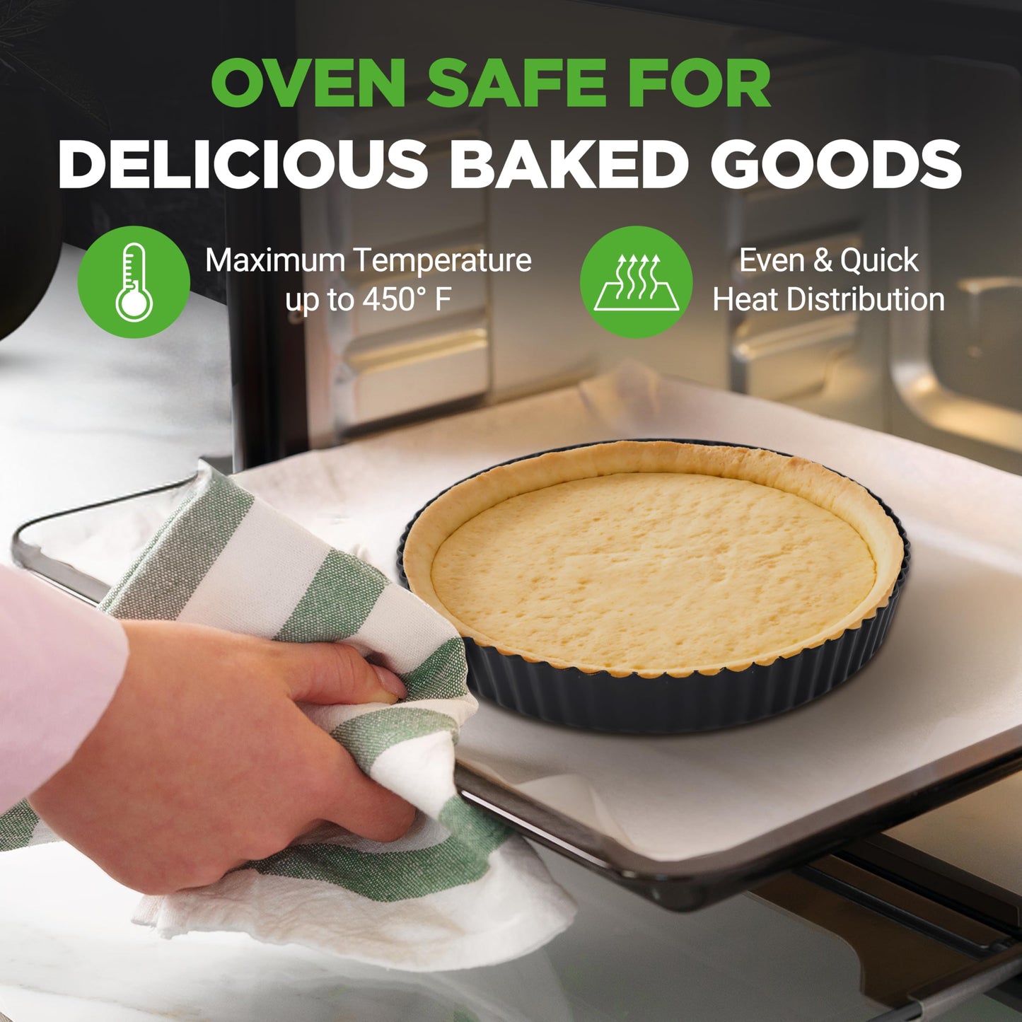 NutriChef 2 Round Tart Pans | 9 Inch Carbon Steel Tart Baking Trays with Removable Base | Nonstick & Even Heat Distribution | Includes 100 Parchment Papers | Height of 1 Inch | Black