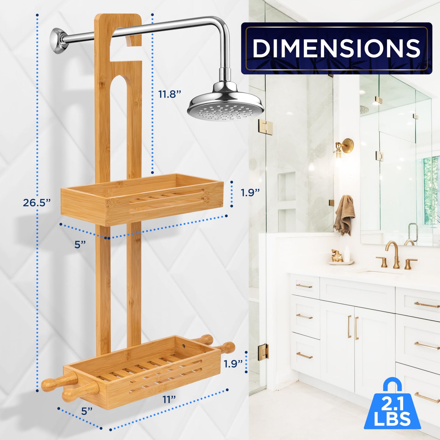 SereneLife Bamboo Hanging Shower Caddy with 2 Tiers, Anti-Slip Design for Bathroom Essentials, Self-Draining Shelves for Easy Organization