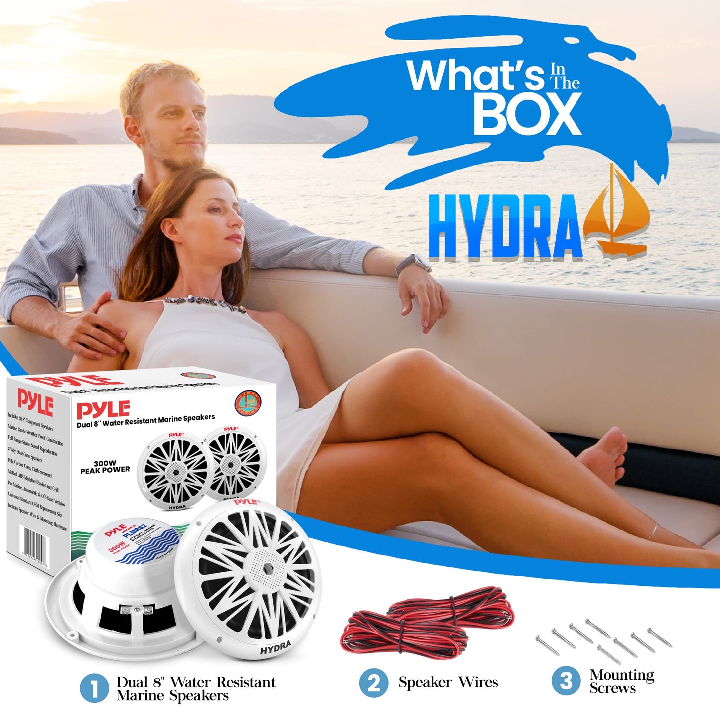 Pyle Marine Speakers, Waterproof, Weather Resistant, 8 Inch Dual, 10 Inch Outer Frame, 300 Watt Power, Poly Carbon Cone, Cloth Surround, Includes Mounting Hardware and Wires, White, PLMR82