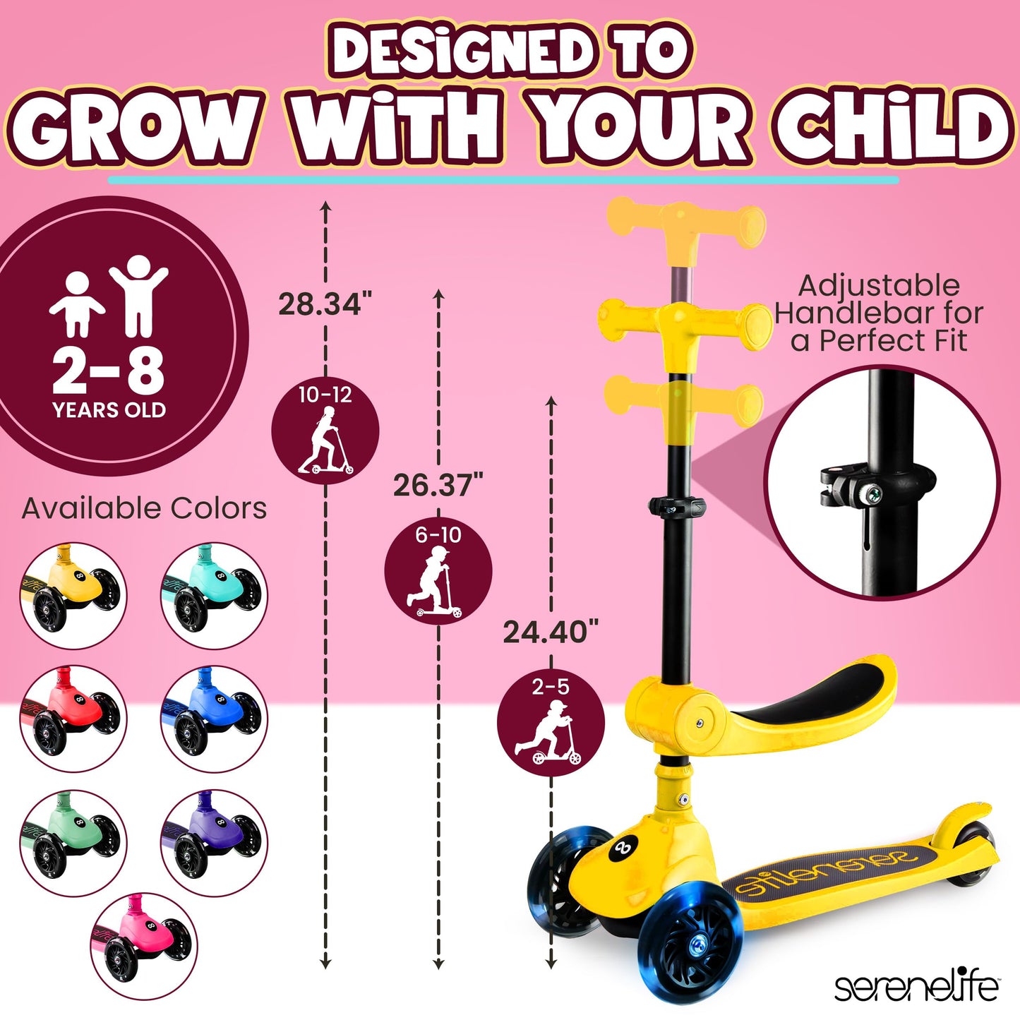 SereneLife 3 Wheel Foldable Kids Scooter - Foldable Seat, LED Wheel Lights, Adjustable Handlebar, Rear Foot Brake, Lean-to-Steer, Anti-Slip Deck, Ideal for Toddlers Kids 3+, up to 110Lbs, Yellow