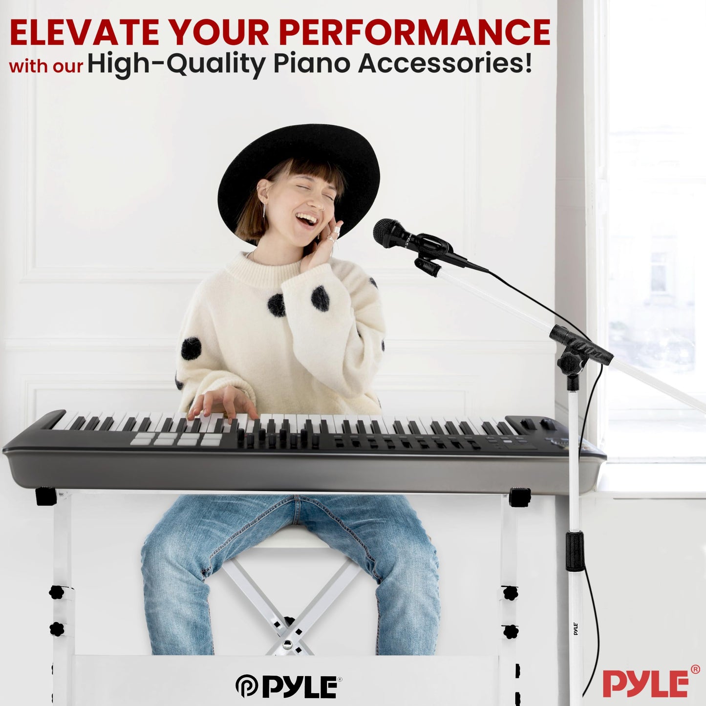 Pyle Heavy-Duty Electric Keyboard Accessories, E Piano Equipment Pack Includes Height Adjustable Z Shape Keyboard Stand, Keyboard Stool, Microphone Stand, Headset, and Sustain Pedal, White