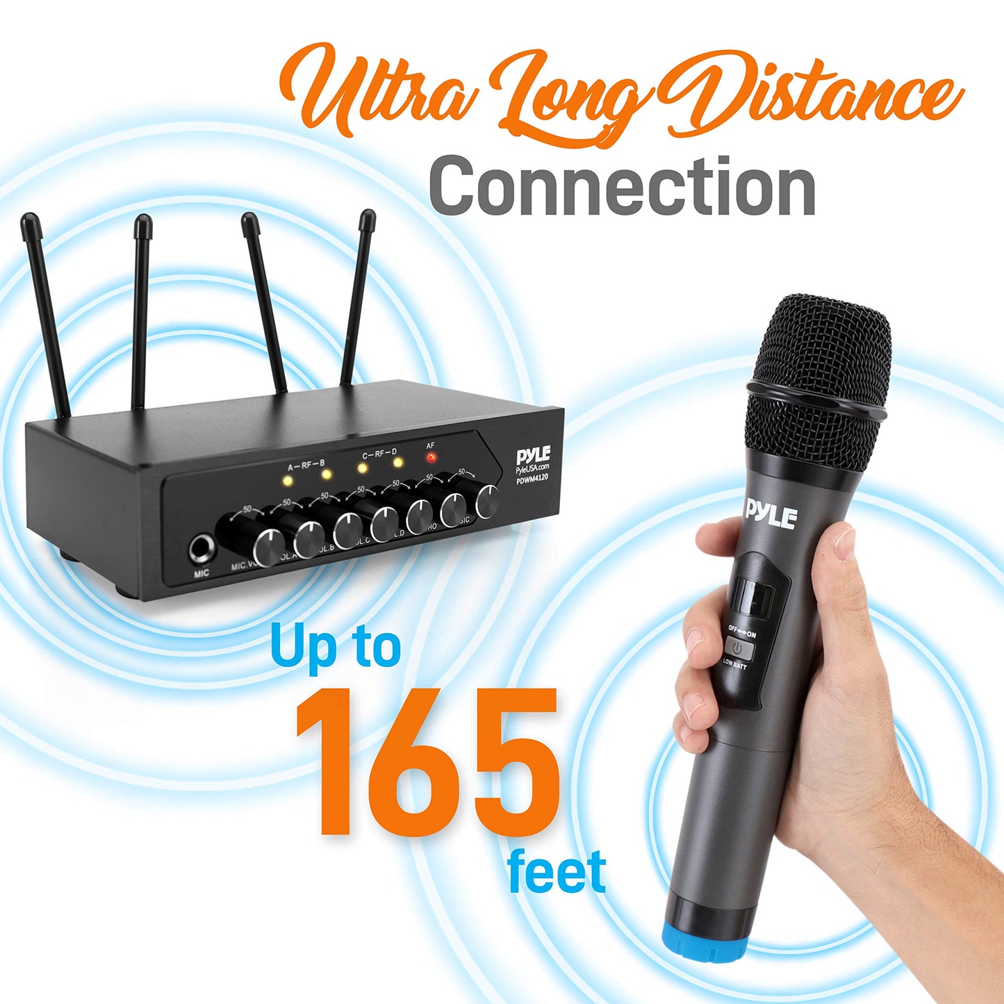Pyle UHF Wireless Microphone System - PA Public Address Mic System with 4 Handheld Wireless Mics 50 Selectable UHF Channels, Bluetooth Music Streaming for Karaoke-Style Vocals, Battery-Operated