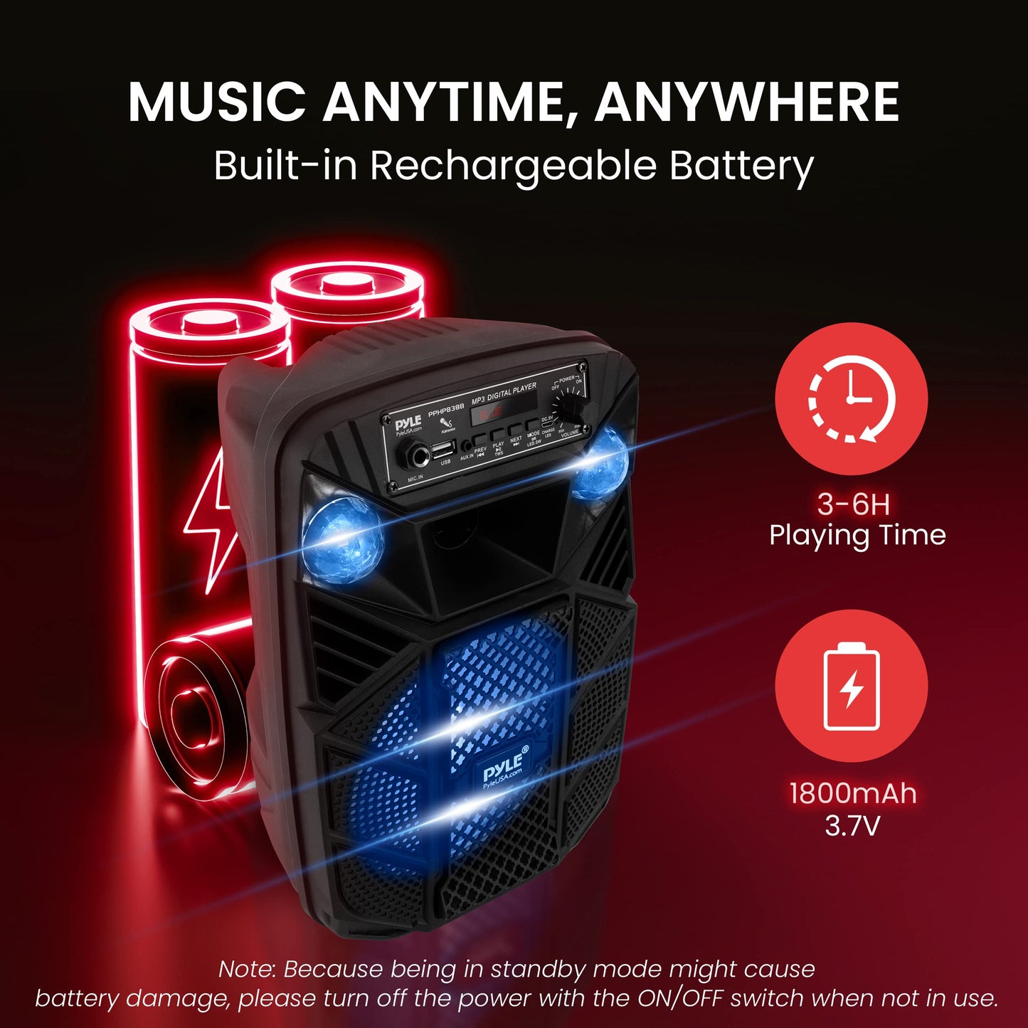 Pyle Bluetooth PA Speaker System - 300W Rechargeable Outdoor Bluetooth Speaker Portable PA System w/ 8” Subwoofer 1” Tweeter, Microphone in, MP3/USB, Radio, Remote - Pyle PPHP838B, Black