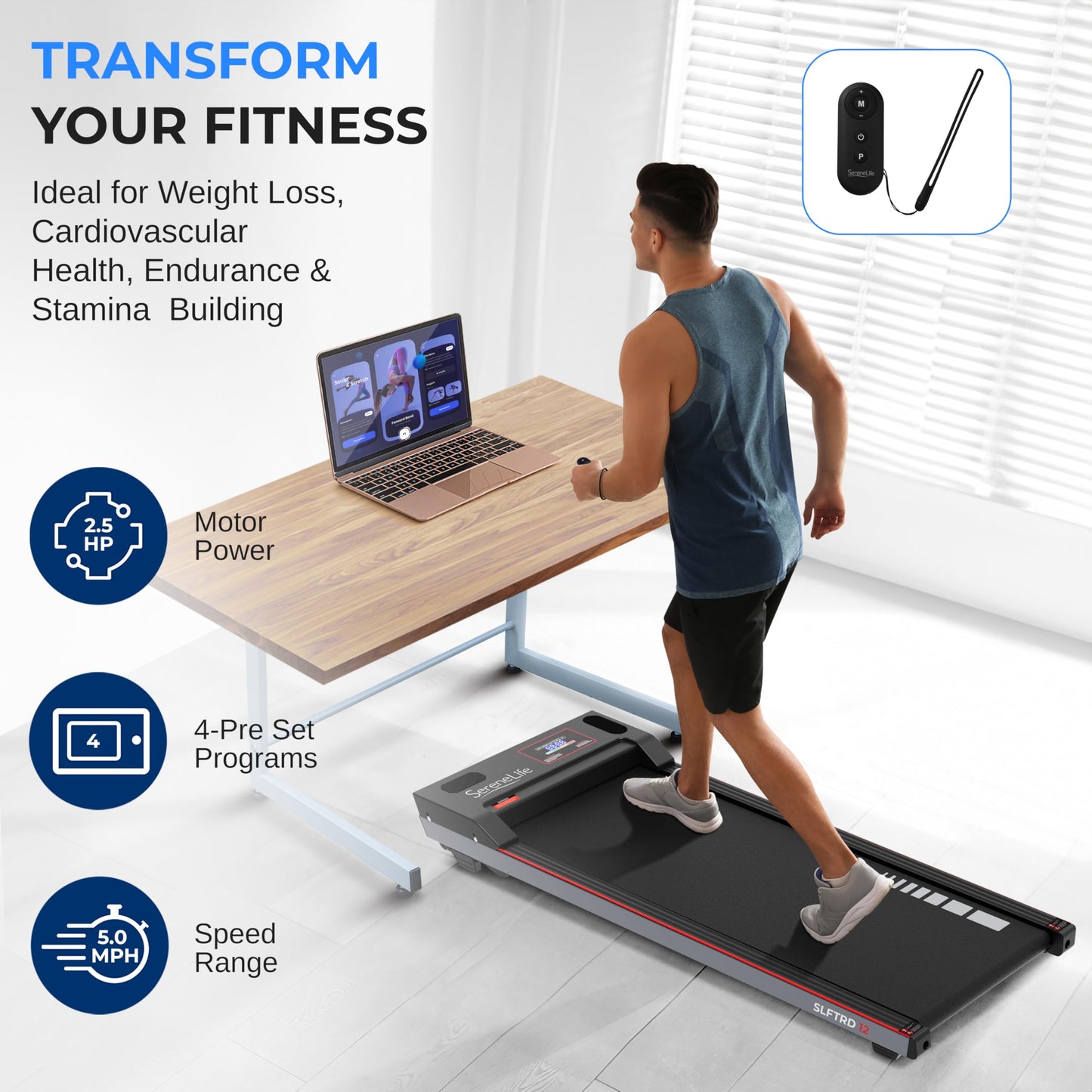 SereneLife Walking Pad Treadmill with Remote Control, 0.6 – 8.7 MPH Smart Speed Control, Walking Mat, Under Desk Treadmill for Home Office, Shock Absorption, App Support, 265lbs Limit