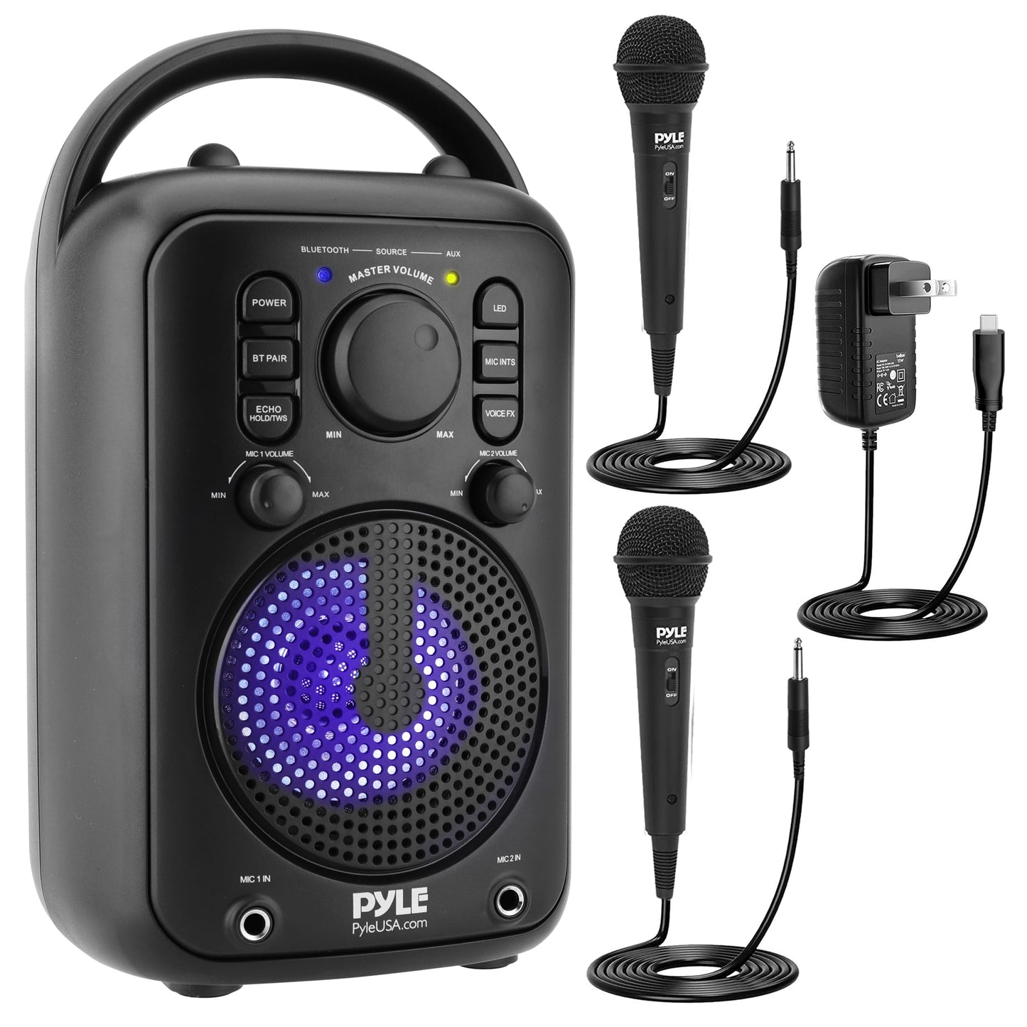 Pyle 4” Wireless BT Streaming Speaker - Portable Audio Speaker, with Two Microphones and Stand to Put Mobile Phone, 5.0 Bluetooth, Big Bass & Clear Sound, MP3, Classic Karaoke System