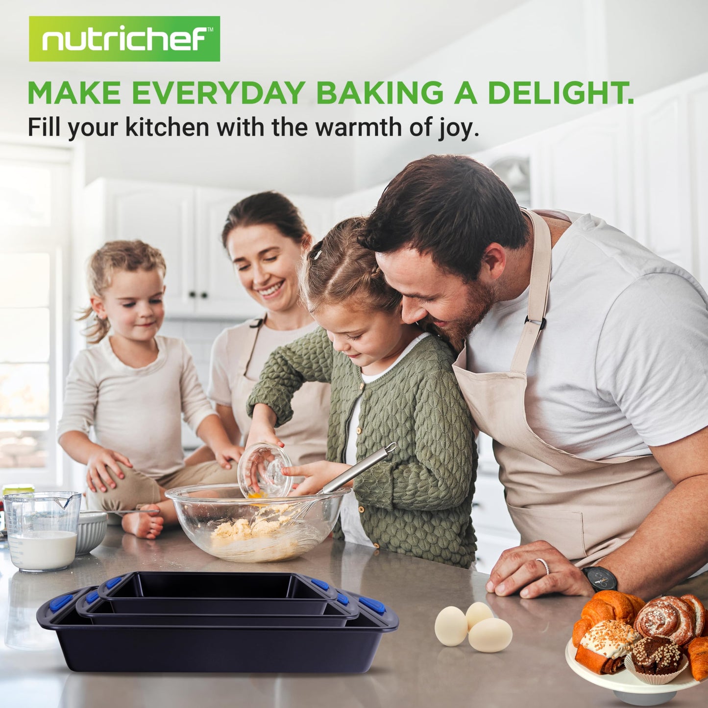 NutriChef 3-Piece Nonstick Cookie Sheets for Baking – Carbon Steel Stackable Bakeware Set w/ Silicone Handles - Non Toxic Baking Pan - Durable & Wrap Resistance, Oven Safe - Easy cleanup