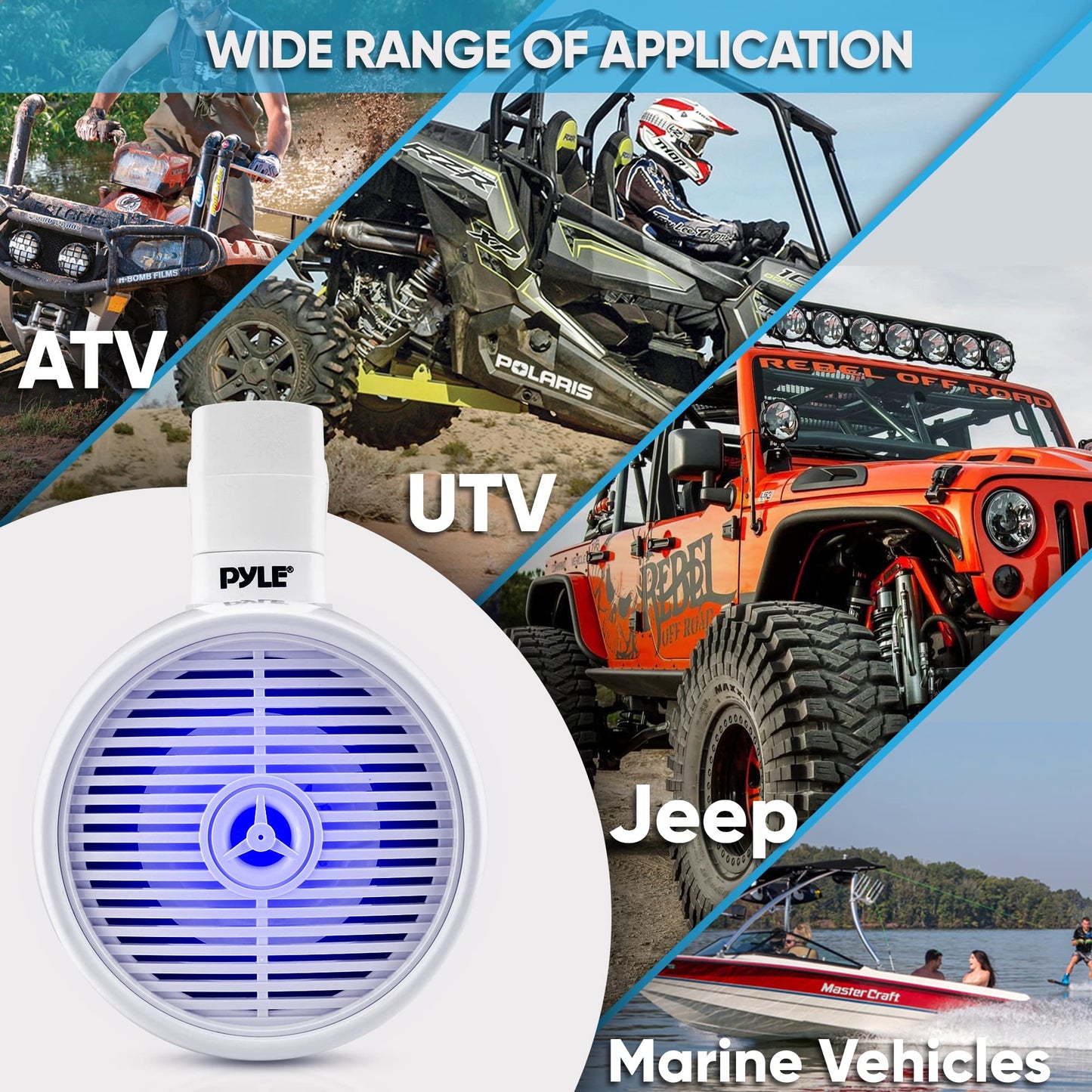 Pyle Bluetooth Waterproof Off-Road Speakers - 6.5” 200W 2-Way Marine Wakeboard Tower Sound System w/ LED Light, Full Range Outdoor Stereo Speaker for Car ATV UTV, Jeep, Boat, Includes Brackets (White)