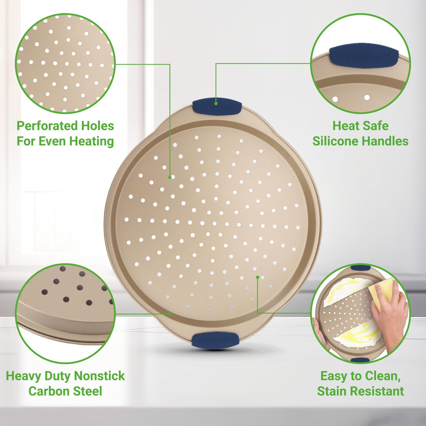 NutriChef 3-Piece Pizza Tray Set with Silicone Handles - Round Nonstick Pizza Pan with Perforated Holes, Durable Carbon Steel, Small, Medium, Large Sizes - Ideal for Crispy, Evenly Baked Pizzas (Gold)