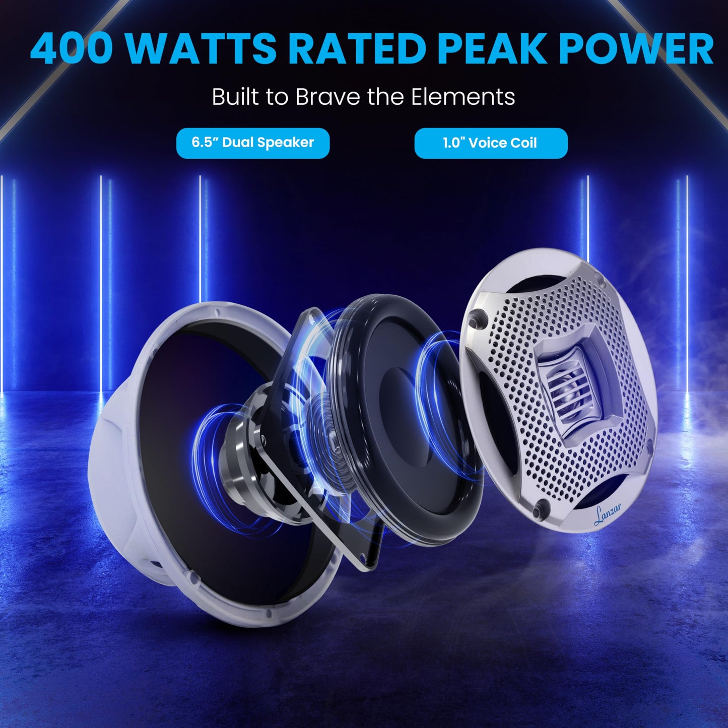 Lanzar 6.5 Inch Marine Speakers - 2 Way Water Resistant Audio Stereo Sound System with 400 Watt Power, Attachable Grills and Resin Treatment for Indoor and Outdoor Use - 1 Pair - AQ6CXS (Silver)