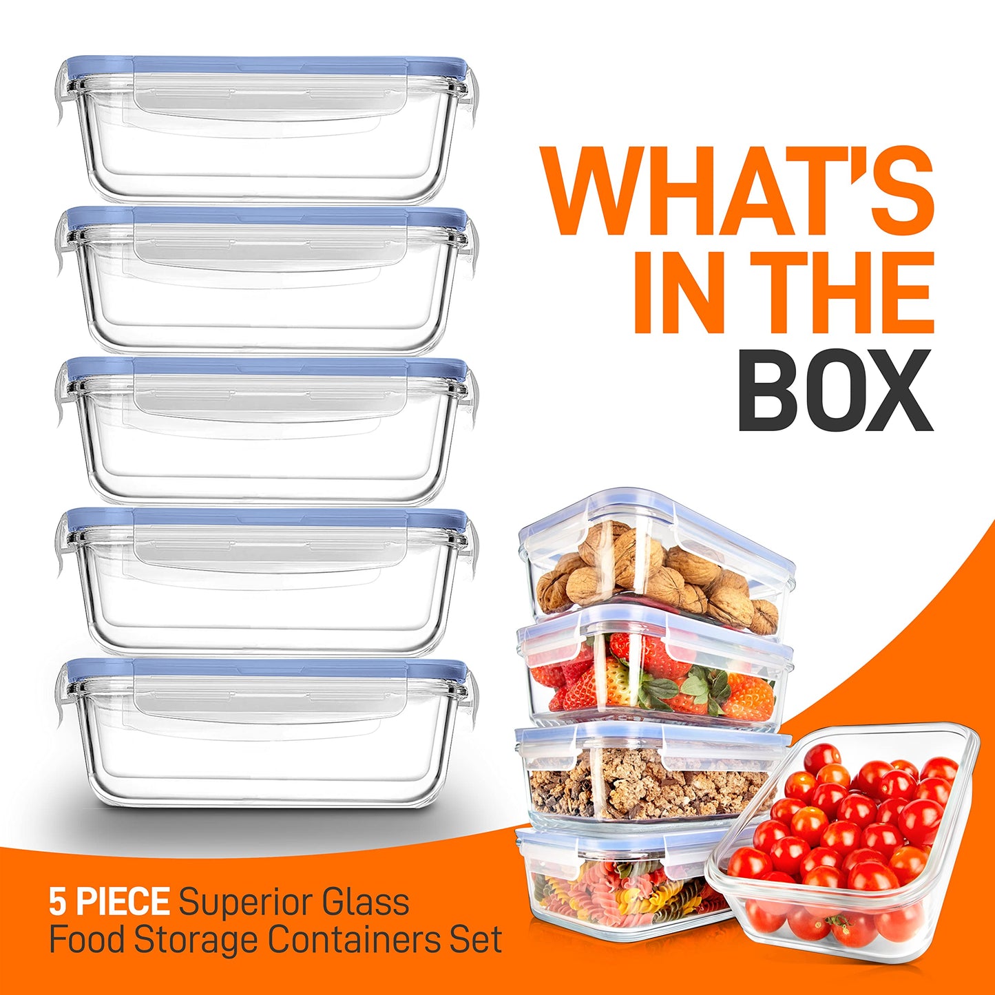 NutriChef 10-Piece Superior Glass Food Storage Containers Set (5 Containers + 5 Locking Lids),Stackable Meal-prep Design, BPA-free Airtight Clear Locking lids with Vent Lids & Air Hole, Blue
