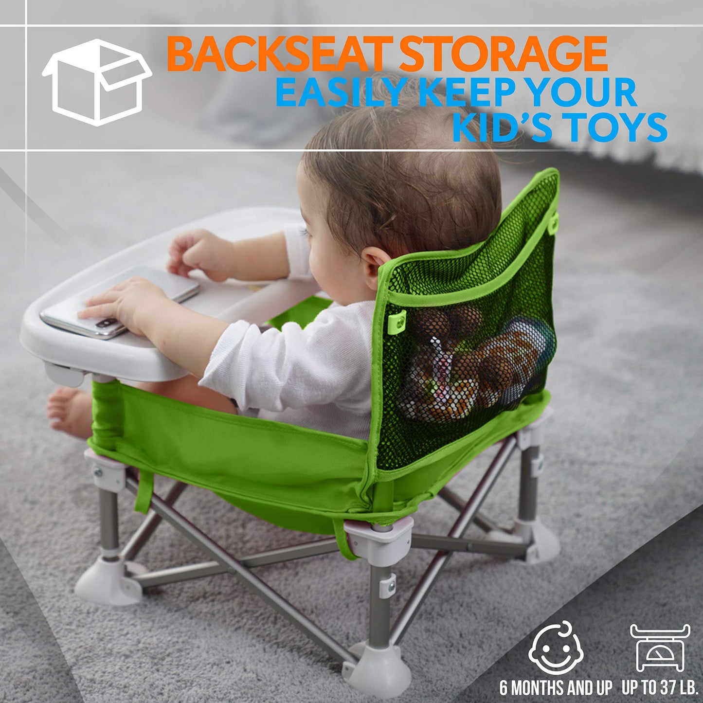 Serene Life Baby Seat Booster -Space Saver Toddler Booster Seat - Portable Pop and Open Sit Folding Booster Feeding Chair - Safety Belt/Food Tray/Travel Bag - SereneLife SLBS66G