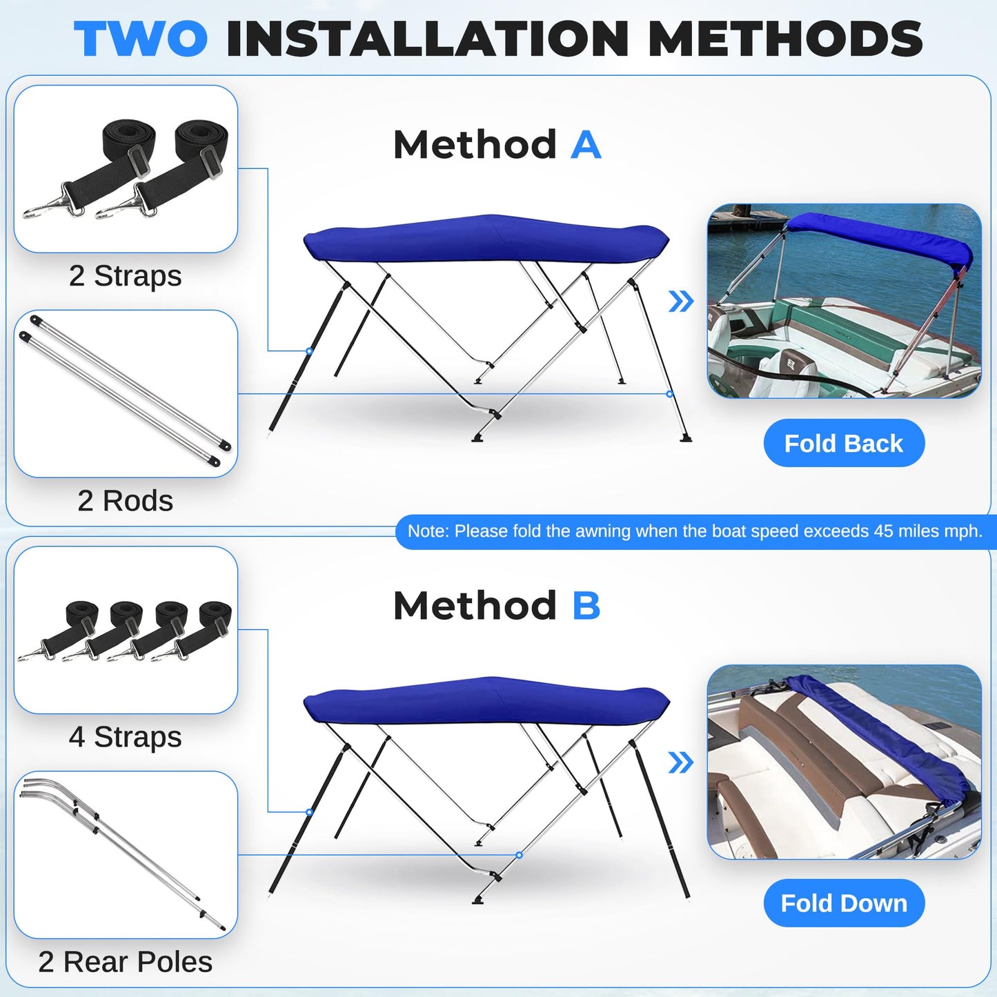 SereneLife 4 Bow Bimini Top Boat Cover – 96" L x 85-90" W x 54" H, Durable 1" Aluminum Frame, Waterproof & UV-Resistant, Easy Install with Front Straps, Rear Support Arms & Free Storage Boot (Blue)