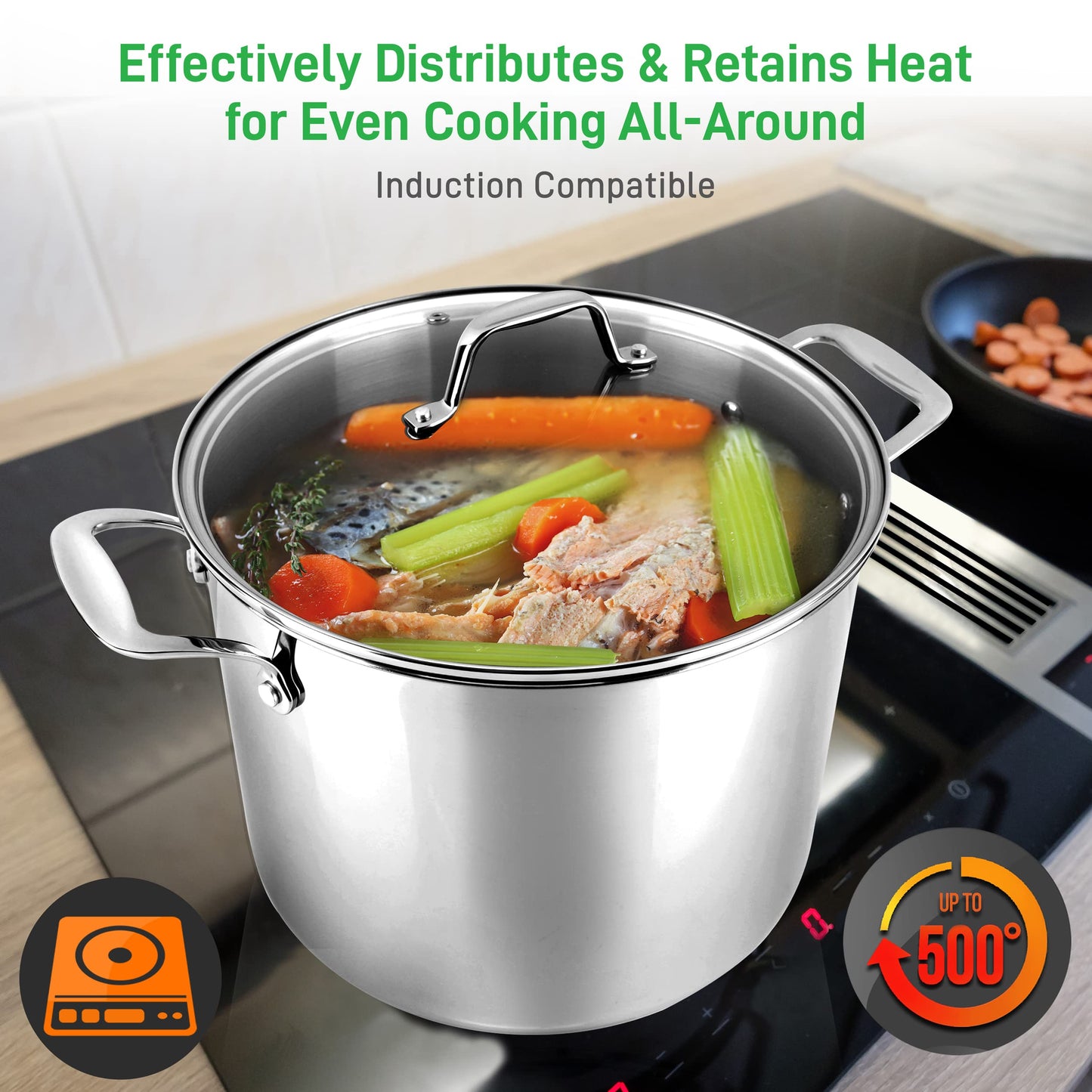 NutriChef 12-Quart Stainless Steel Stock Pot - 18/8 Food Grade Stainless Steel Heavy Duty Induction - Large Stockpot for Stews, Simmering & Soups with See Through Lid, Dishwasher Safe - NCSP12