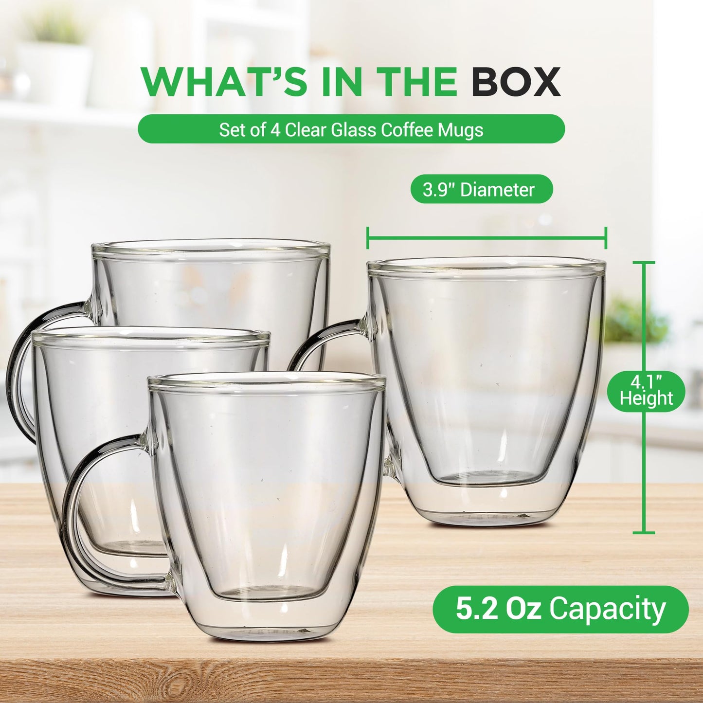 NutriChef 5.2 Oz Espresso Cups (Set Of 4), Double Walled Glass Coffee Mugs For Hot And Cold Drinks, Insulated Glass Coffee Mugs With Handle