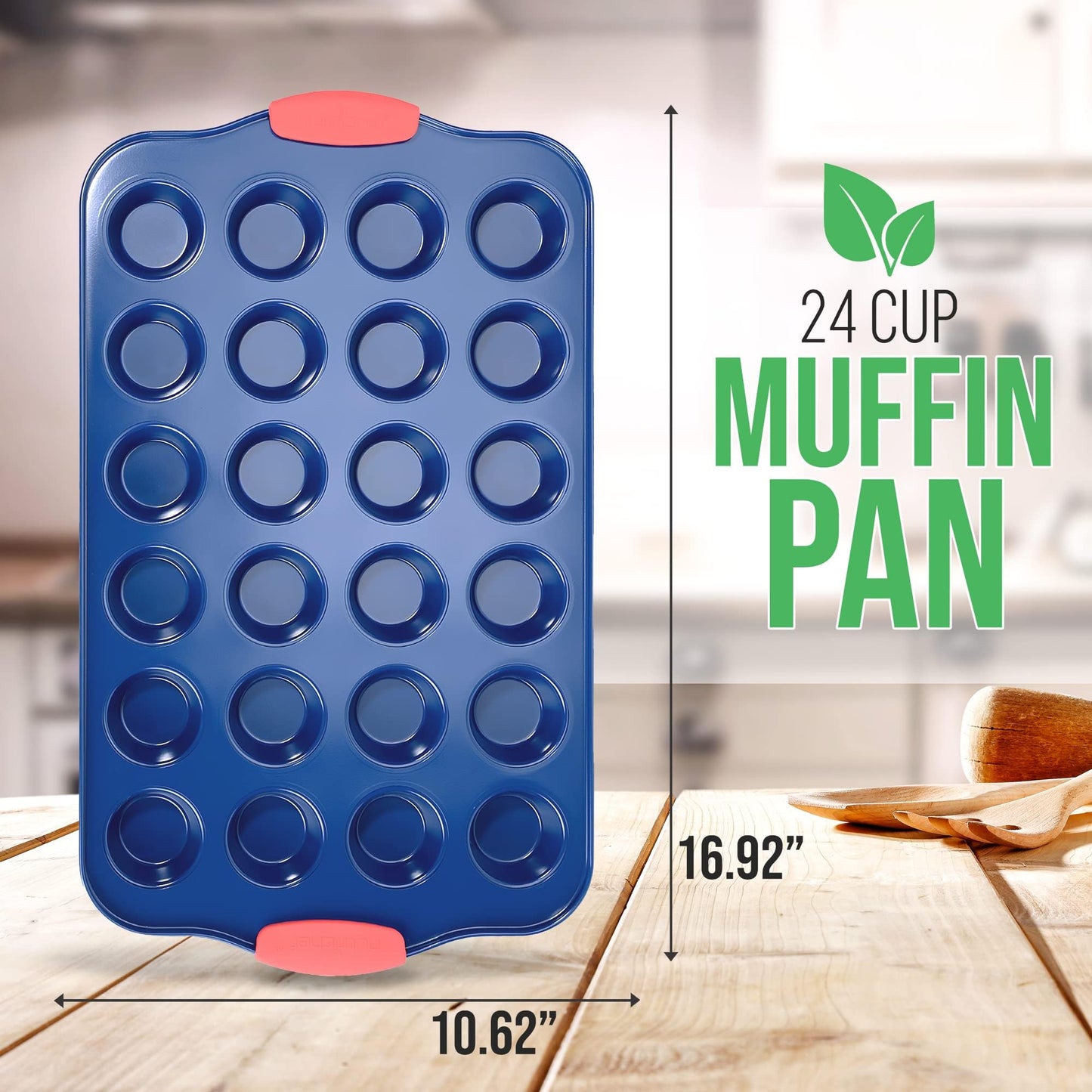 NutriChef 17” Nonstick Mini Muffin Pan - Premium Carbon Steel 24 Cup Baking Tray w/ Red Silicone Handles, Easy to Clean Mini Cupcake Bakewear - Dishwasher Safe, Blue