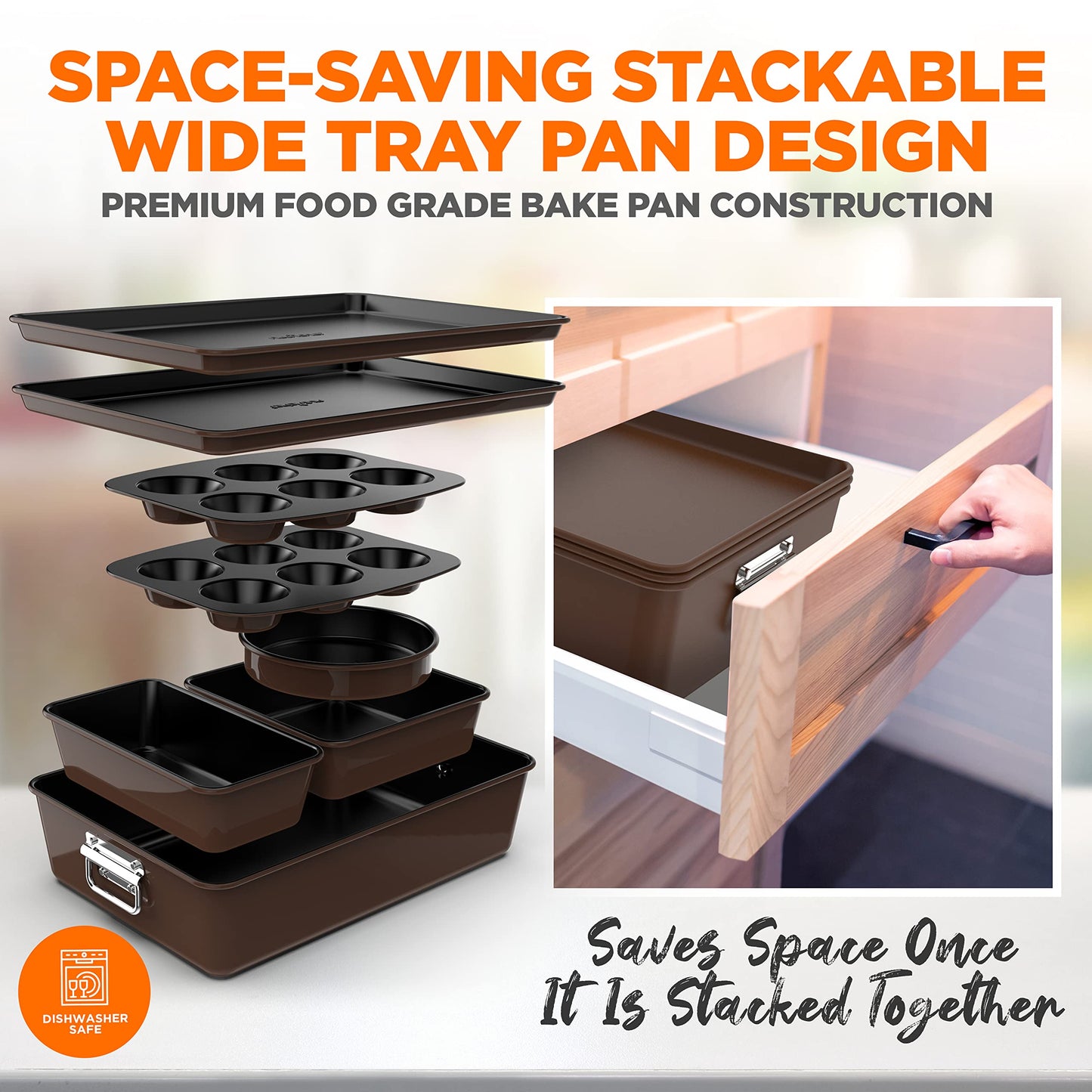 NutriChef 8-Piece Nonstick Stackable Bakeware Set - PFOA, PFOS, PTFE Free Baking Tray Set w/Non-Stick Coating, 450°F Oven Safe, Round Cake, Loaf, Muffin, Wide/Square Pans, Cookie Sheet (Brown)