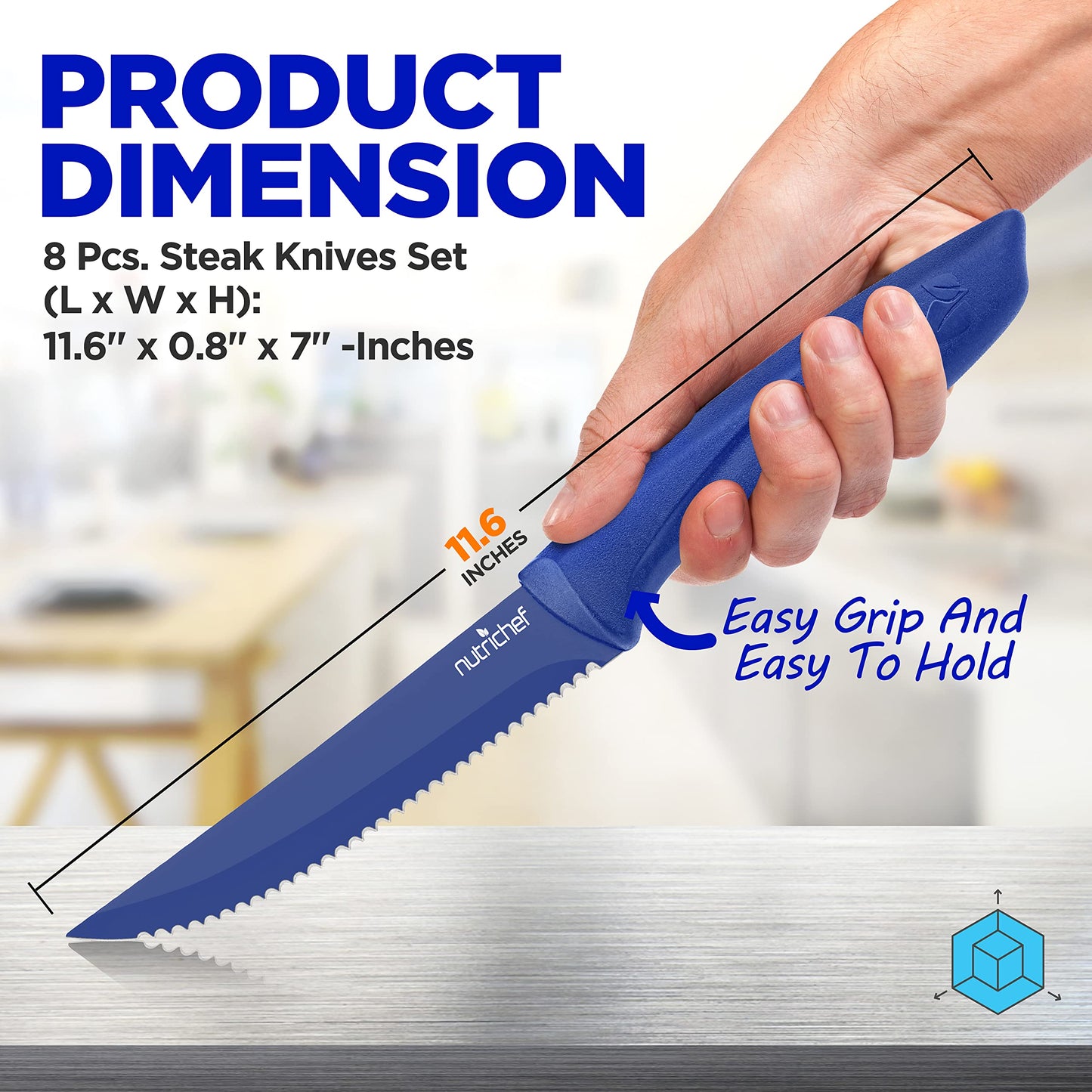 NutriChef 8 Piece Kitchen Knife Set - Multi-purpose Unbreakable Ergonomic Non-stick Stainless Steel Kitchen Steak Knives Set with Fully Serrated Blades - Great for BBQ Grill - NCSK8BU,Blue