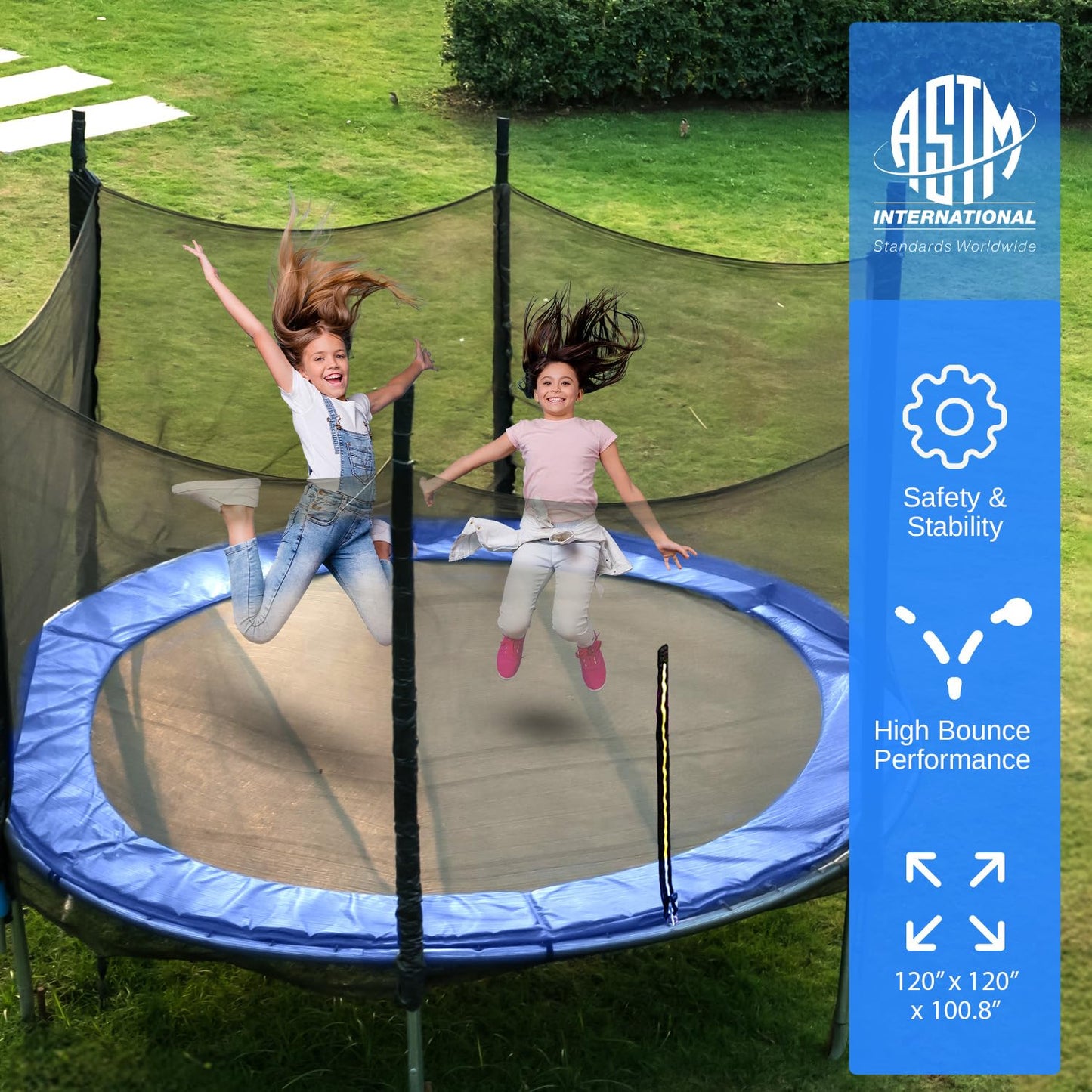 SereneLife 12FT Trampoline Outdoor – Heavy-Duty Backyard Trampoline for Kids and Adults with Wide Jumping Surface, Stable L-Shaped Legs, Safety Net, ASTM Approved, Supports 264 lbs., 144 x 106 IN