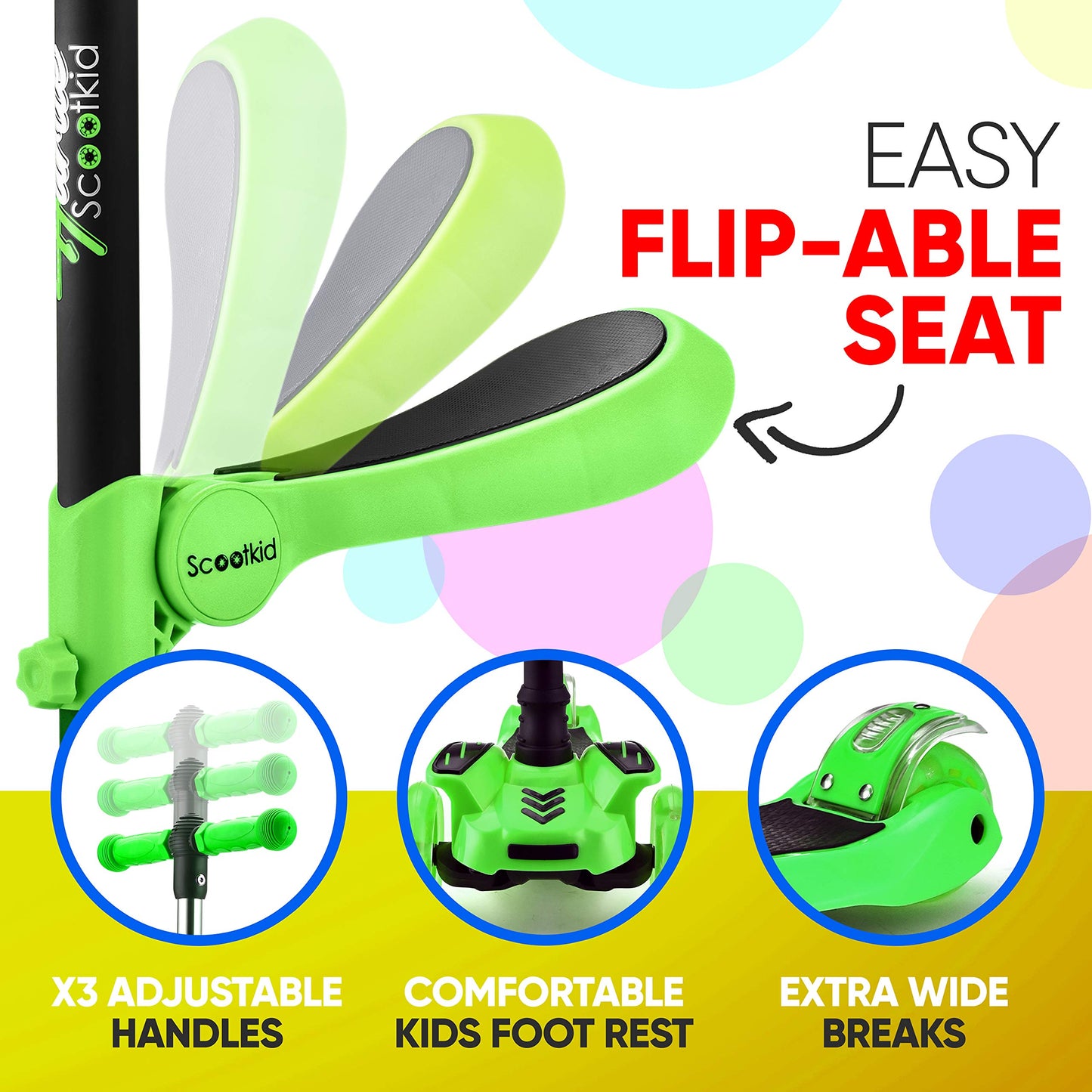 Hurtle Kids Scooter - Child Toddler Kick Scooter Toy with Foldable Seat - 3 Wheel Scooter with Adjustable Height, Anti-Slip Deck, Flashing Wheel Lights, for Boys/Girls 1-12 Year Old, Green