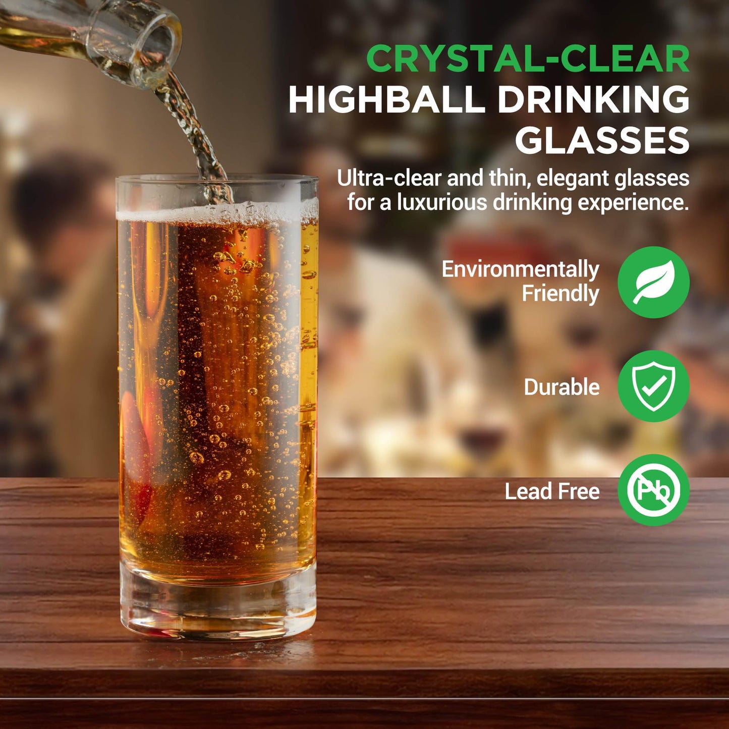 Nutrichef 4 Piece Highball Thick Base Drinking Glasses-14.2Oz, Crystal Clear Tall Glasses for Water, Juice, Liquor, & Cocktail, Long Kitchen Glass for Bar, Restaurant, & Home