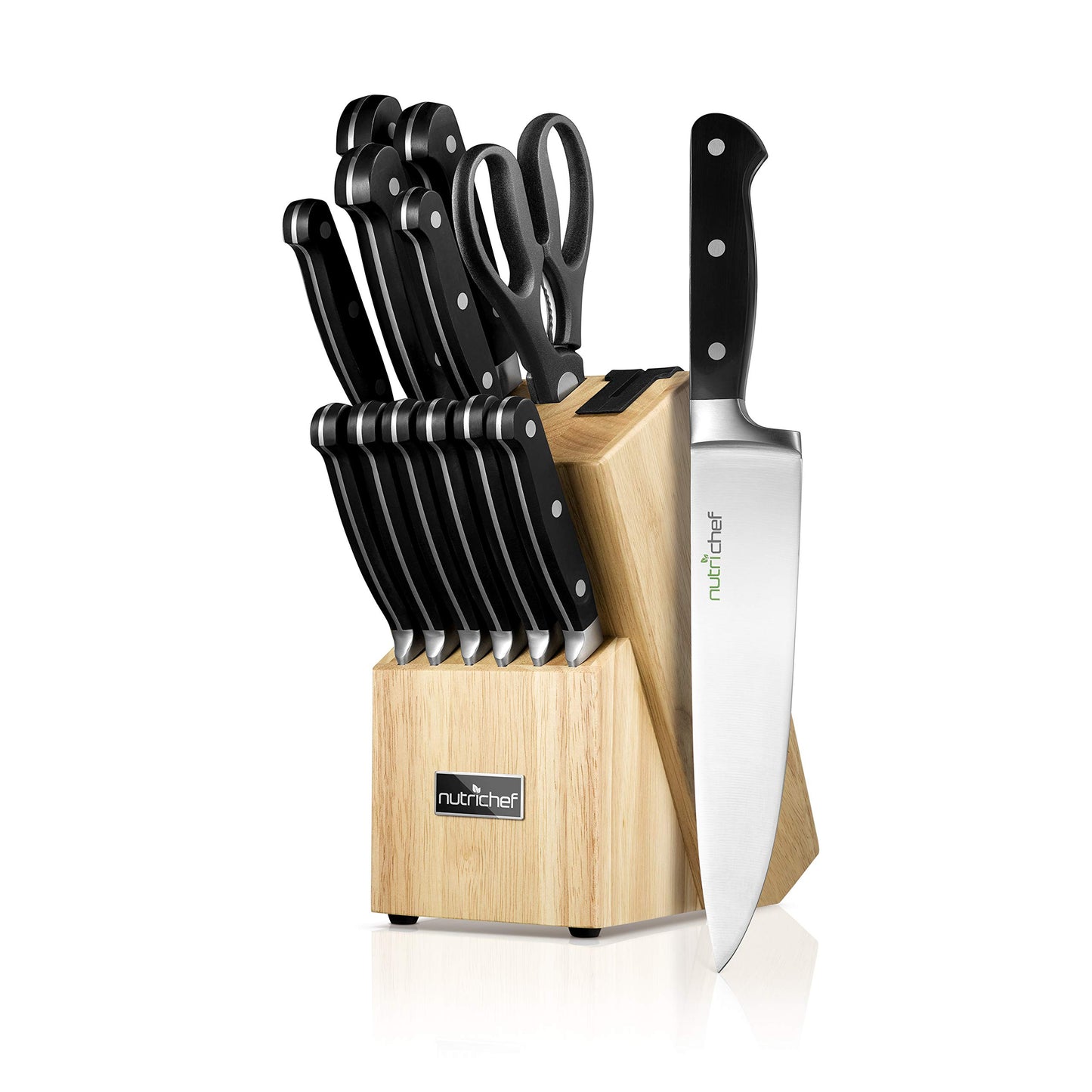 NutriChef 13-Piece Kitchen Knife Set with Wooden Block - Precision Crafted Stainless Steel Knives with Scissors & Built-In Sharpener - Lightweight, Durable, & Razor Sharp - Dishwasher Safe (NCKNS13)