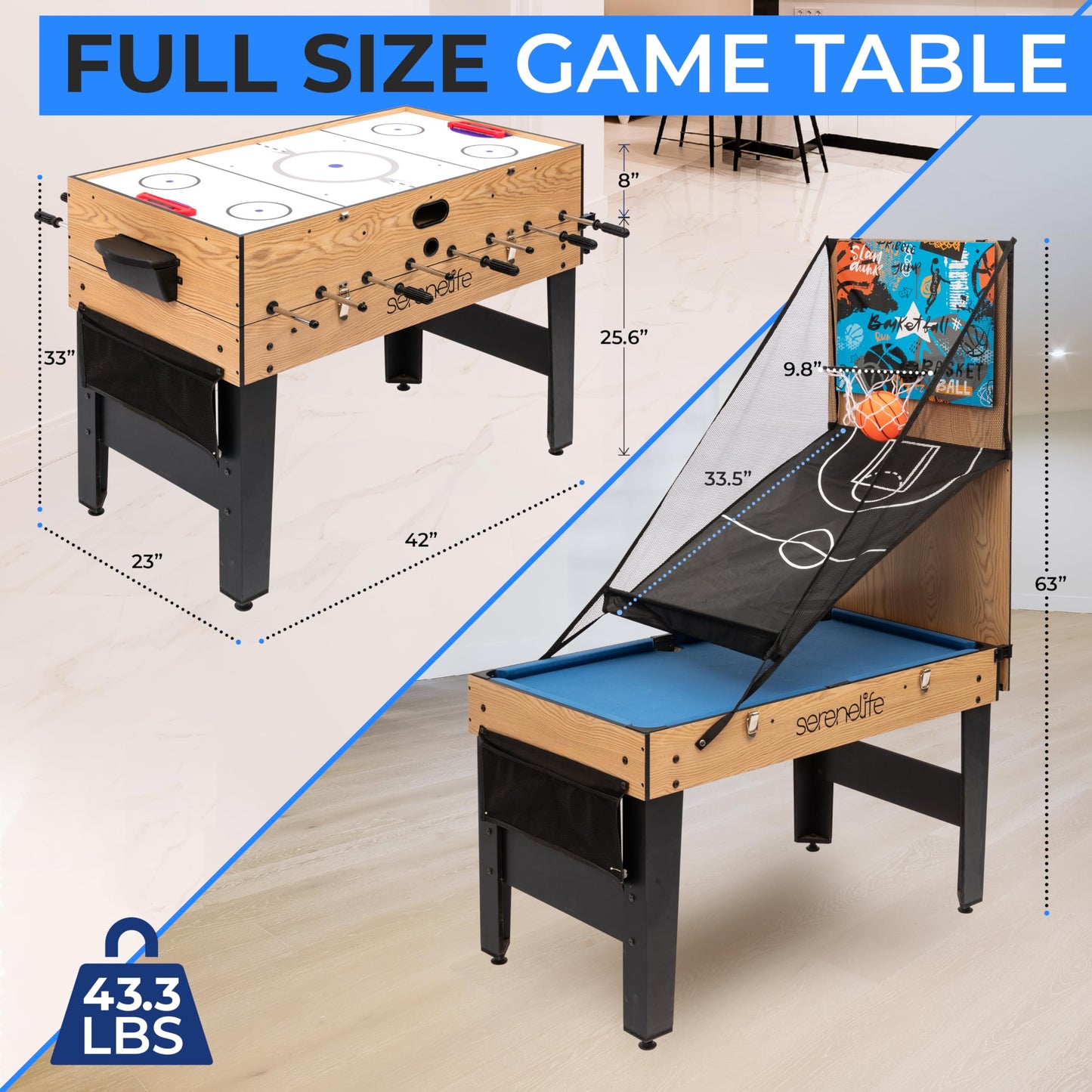 SereneLife 48" 6-in-1 Multi Game Table, Full-Size Indoor and Outdoor Arcade Sports Table with Pool, Air Hockey, Foosball, Basketball, Table Tennis, Dining Table, for Family, Kids, Adults