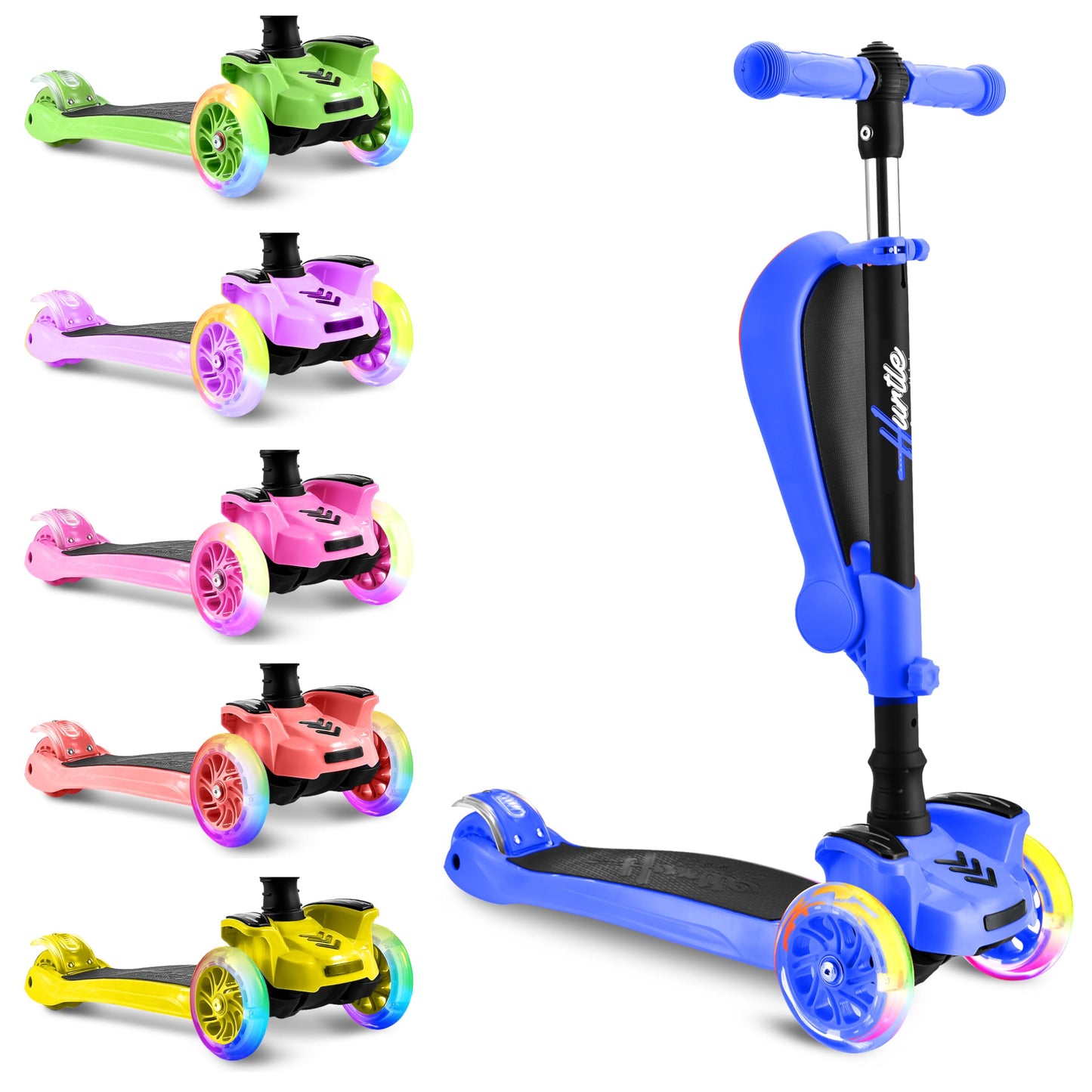 Hurtle 3-Wheeled Scooter for Kids - Wheel LED Lights, Adjustable Lean-to-Steer Handlebar, and Foldable Seat - Sit or Stand Ride with Brake for Boys and Girls Ages 1-14 Years Old - Blue