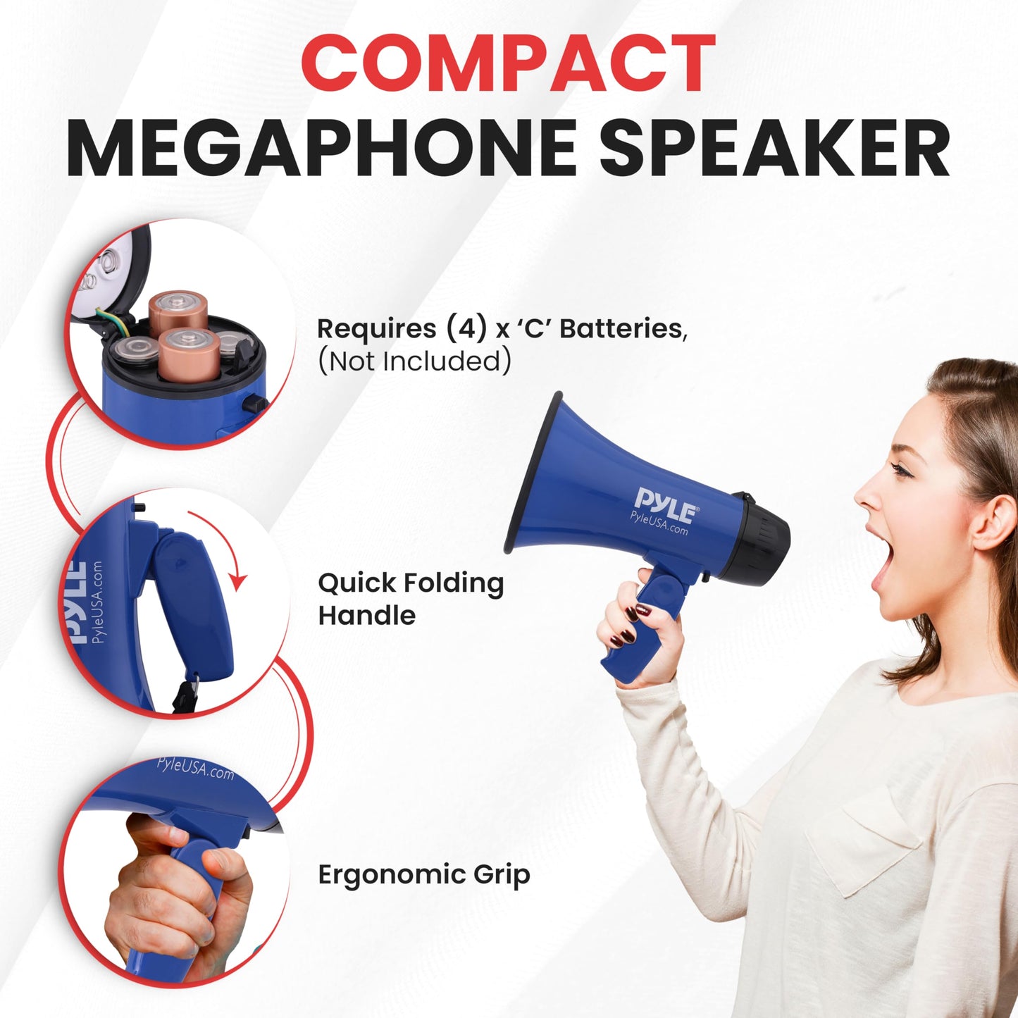 Pyle PMP21BL Portable Megaphone Speaker Siren Bullhorn - Compact and Battery Operated with 20 Watt Power, Microphone, 2 Modes, PA Sound and Foldable Handle for Cheerleading and Police Use, Blue