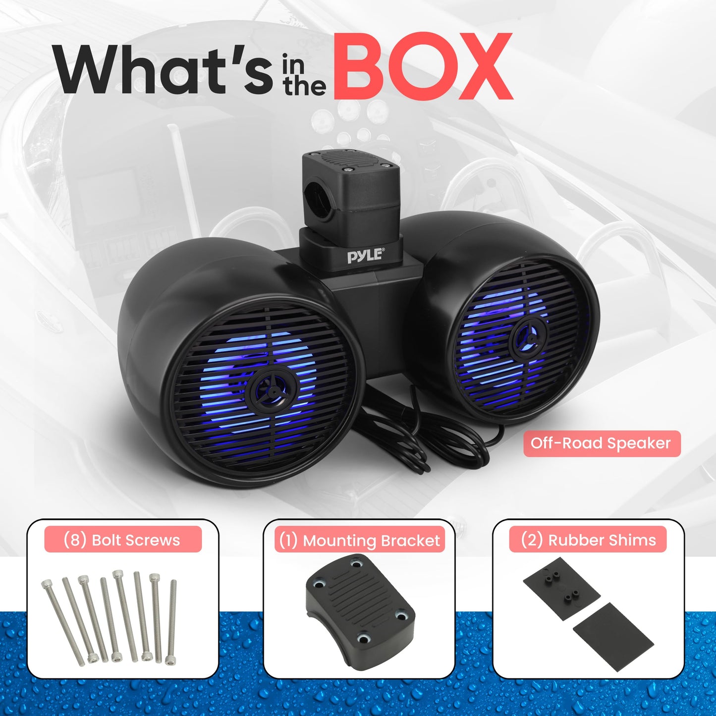 Pyle Dual Bluetooth Off-Road Speakers - 8” 300W 2-Way Marine Waterproof Wakeboard Tower Sound System w/LED Light, Full Range Outdoor Stereo Speaker for Car ATV Jeep Boat, Includes Brackets (Black)